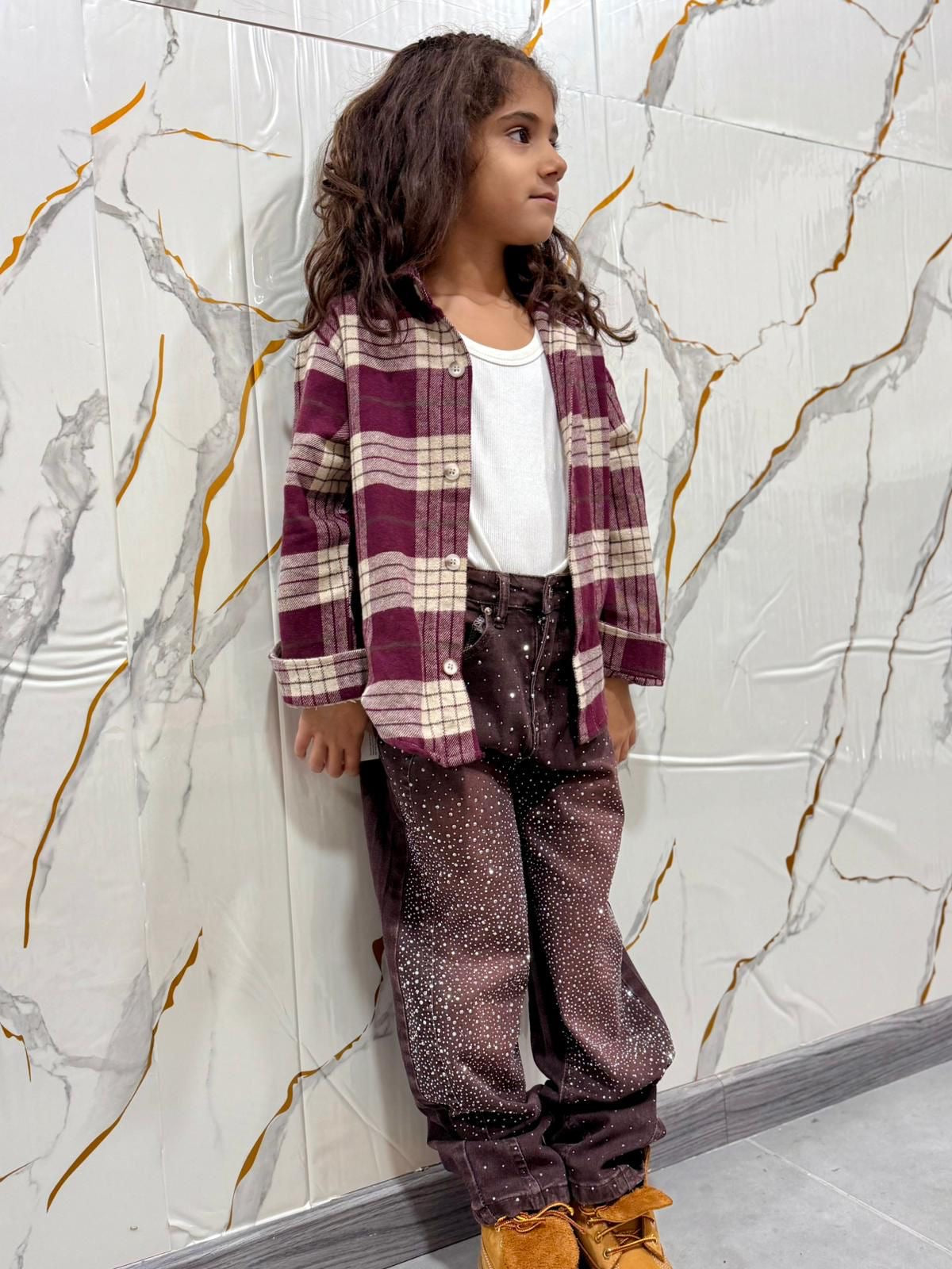 Jeans bambina con strass balloon — pantalone denim marrone luminoso elegante casual
