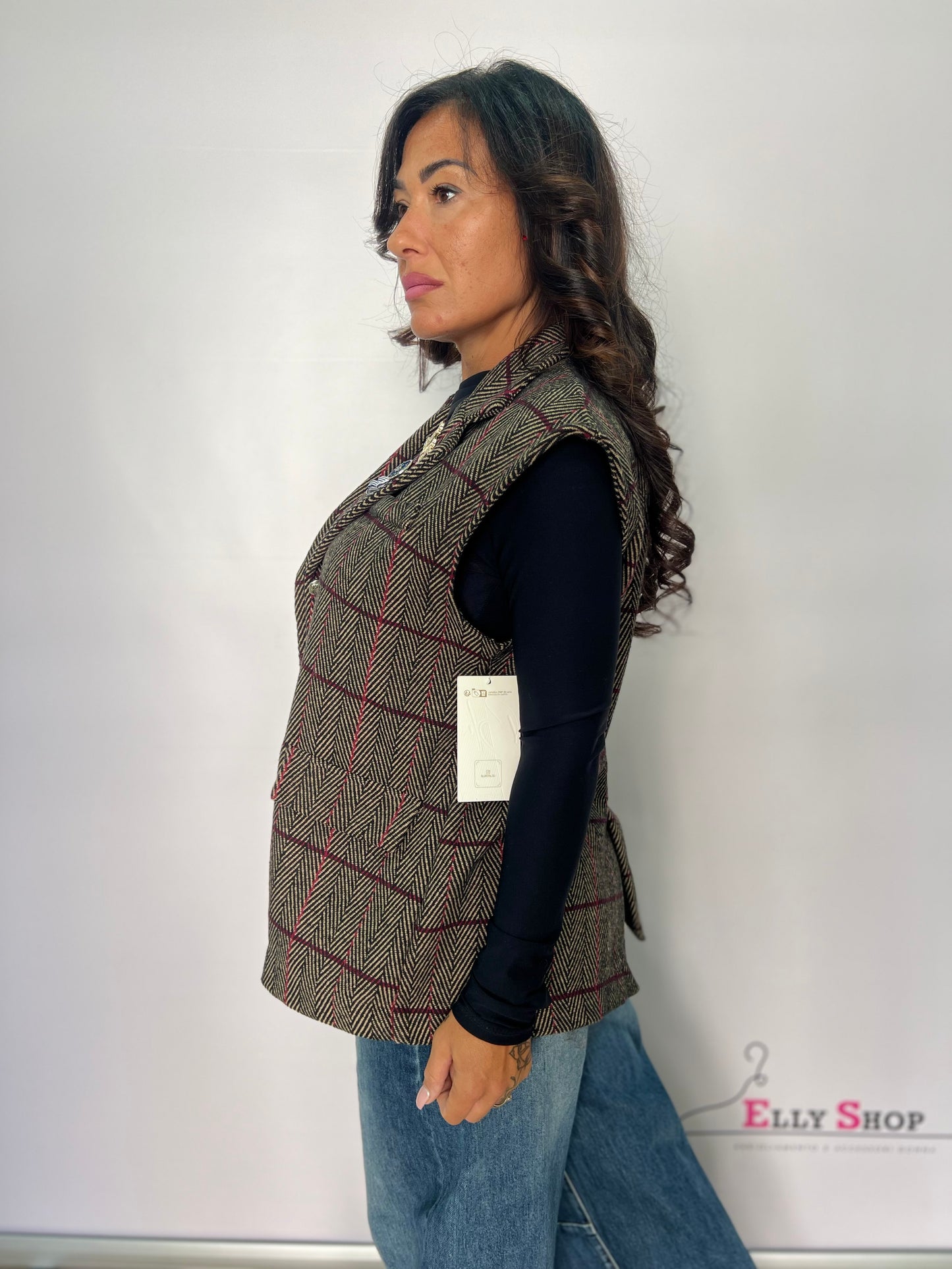 Gilet donna quadroni con spille