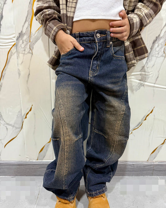 Jeans cargo bambina wide leg effetto vissuto — pantalone denim ampio a vita media