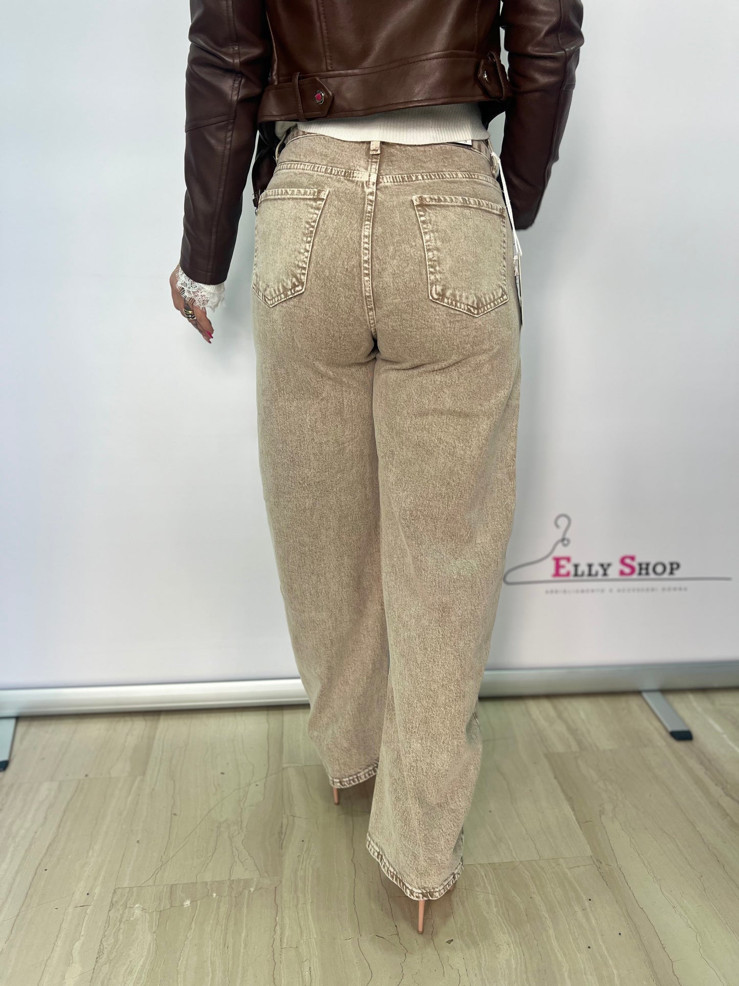 Jeans wide leg beige donna a vita regolare