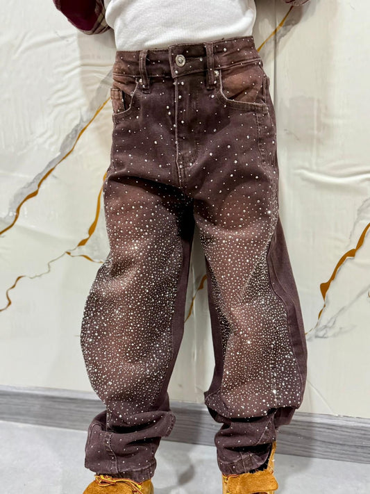 Jeans bambina con strass balloon — pantalone denim marrone luminoso elegante casual