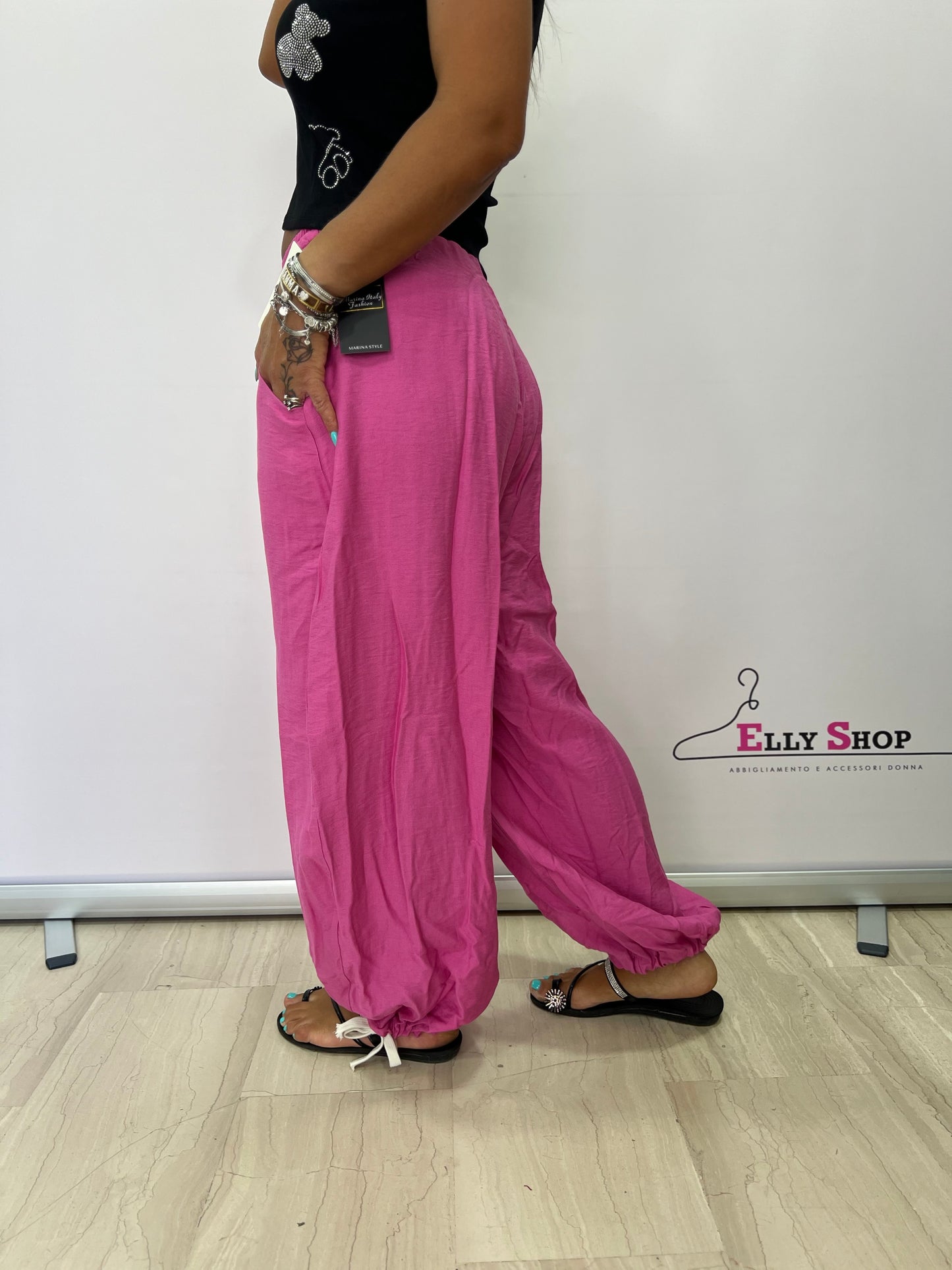 Pantaloni donna ampi estivi con coulisse – Taglia unica 40–46, vari colori