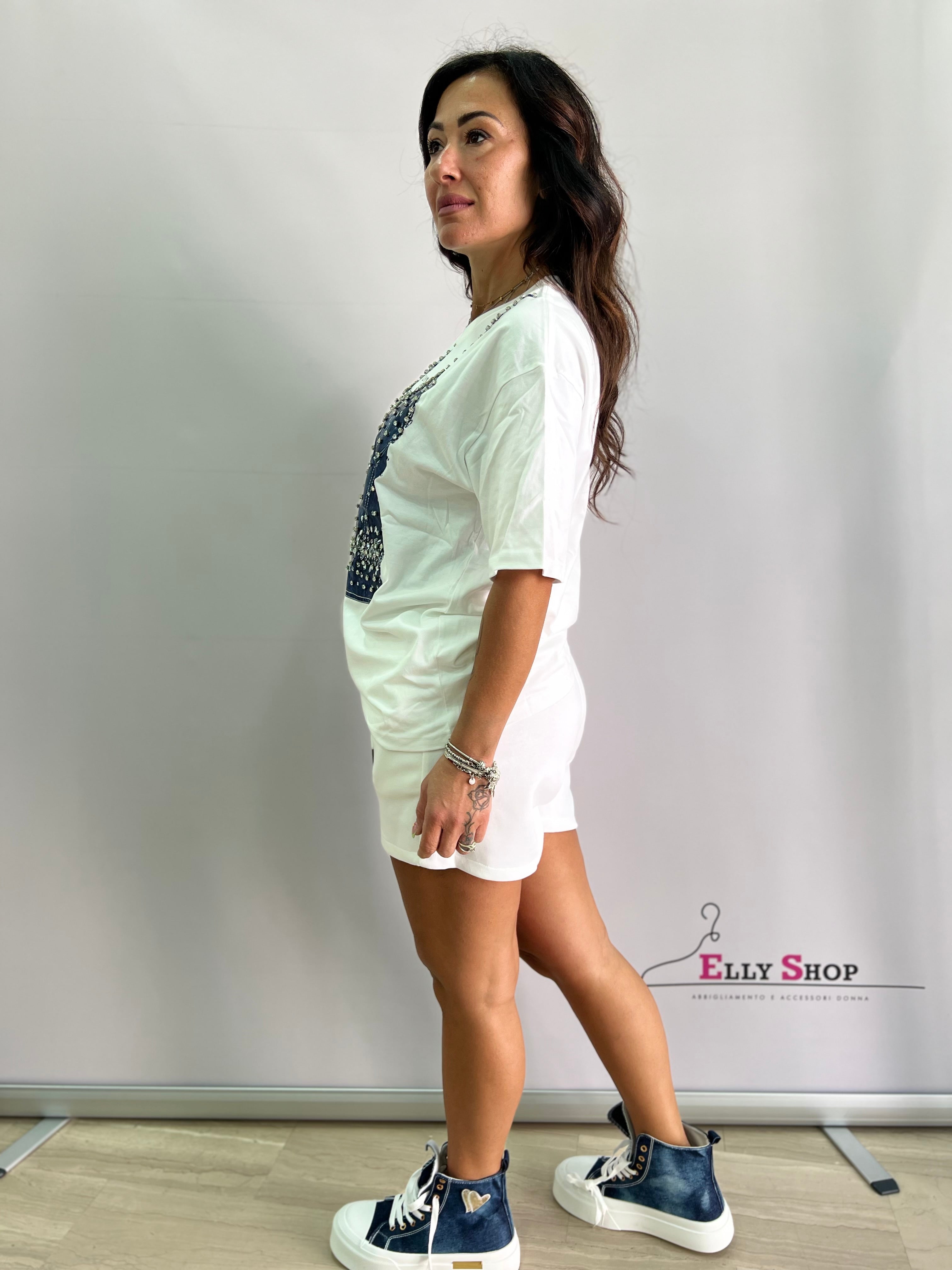Completo donna estivo con stampa denim e strass – Taglia unica L/XL