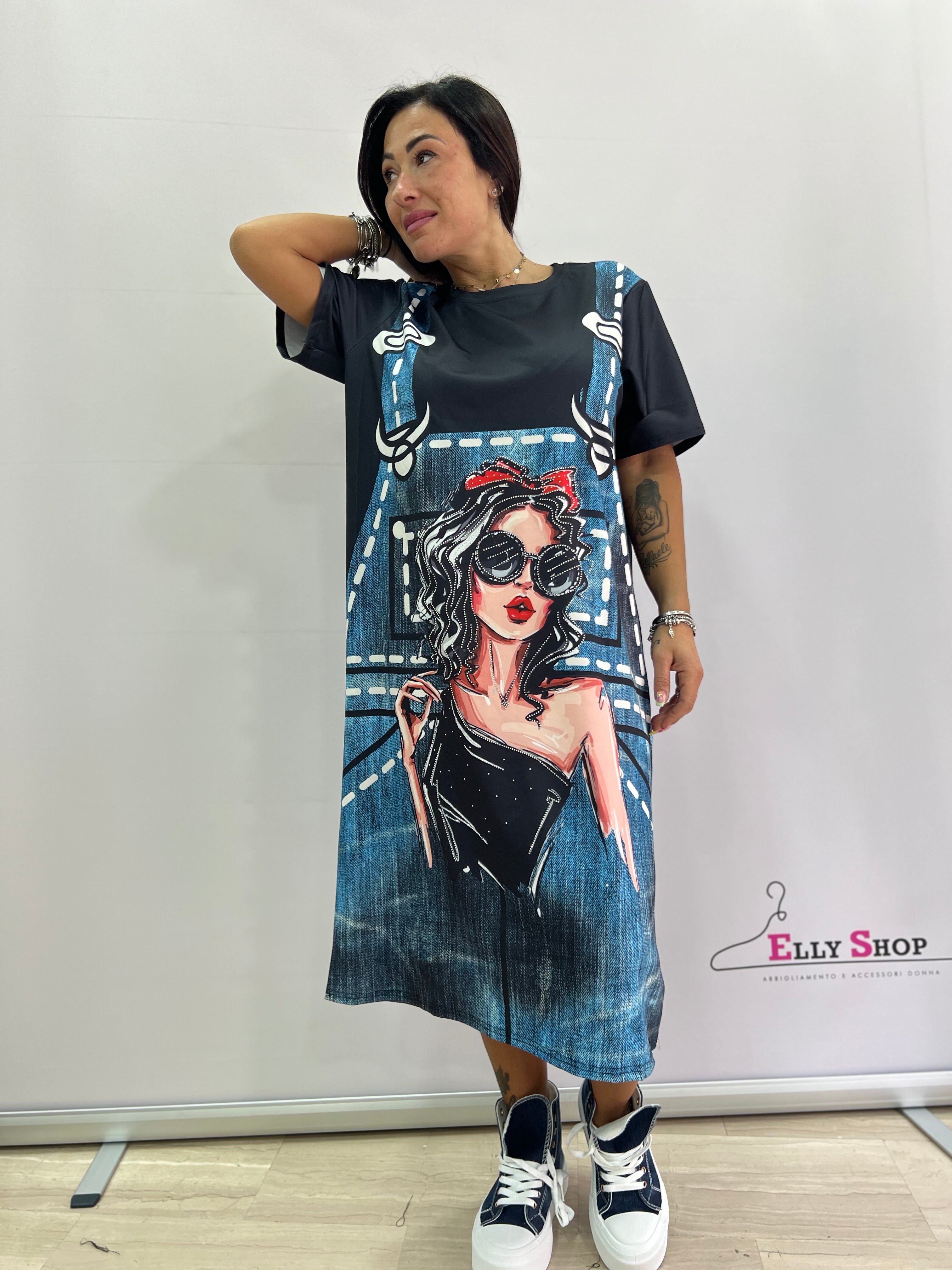 Abito lungo donna con stampa salopette e figura con occhiali – taglia unica fino a XXL