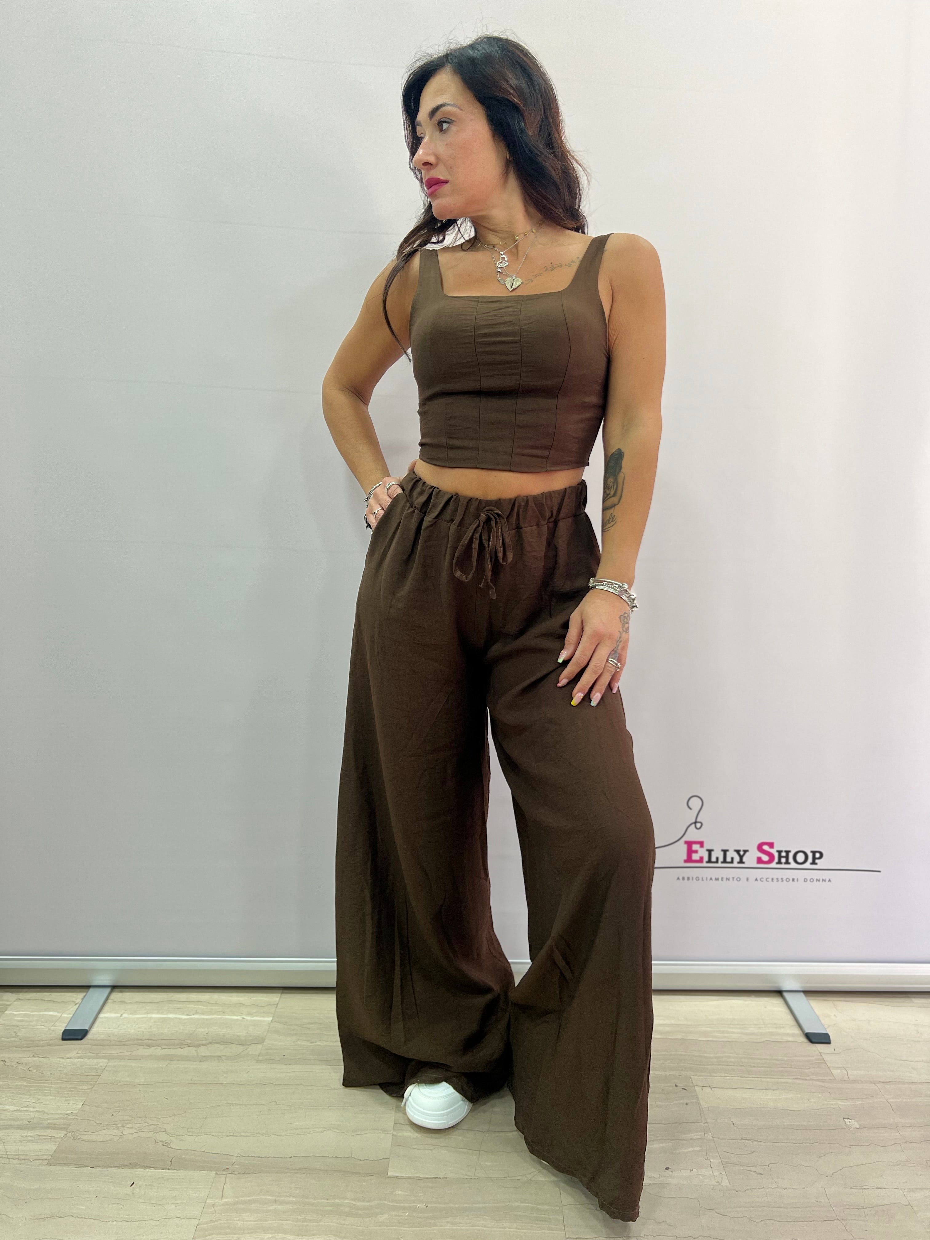 Completo Misto Lino Top e Pantalone Comodo a Zampa