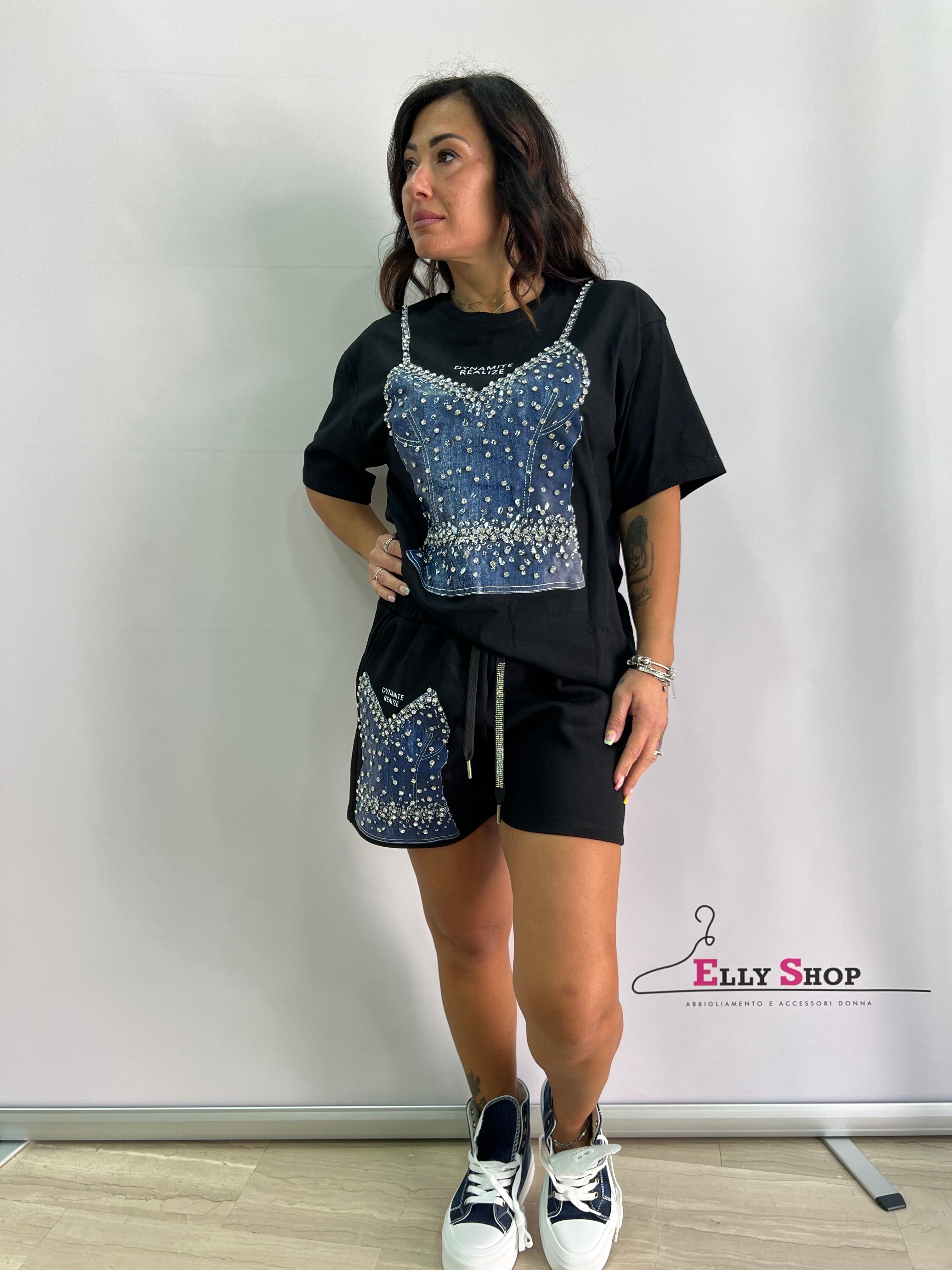 Completo donna estivo con stampa denim e strass – Taglia unica L/XL