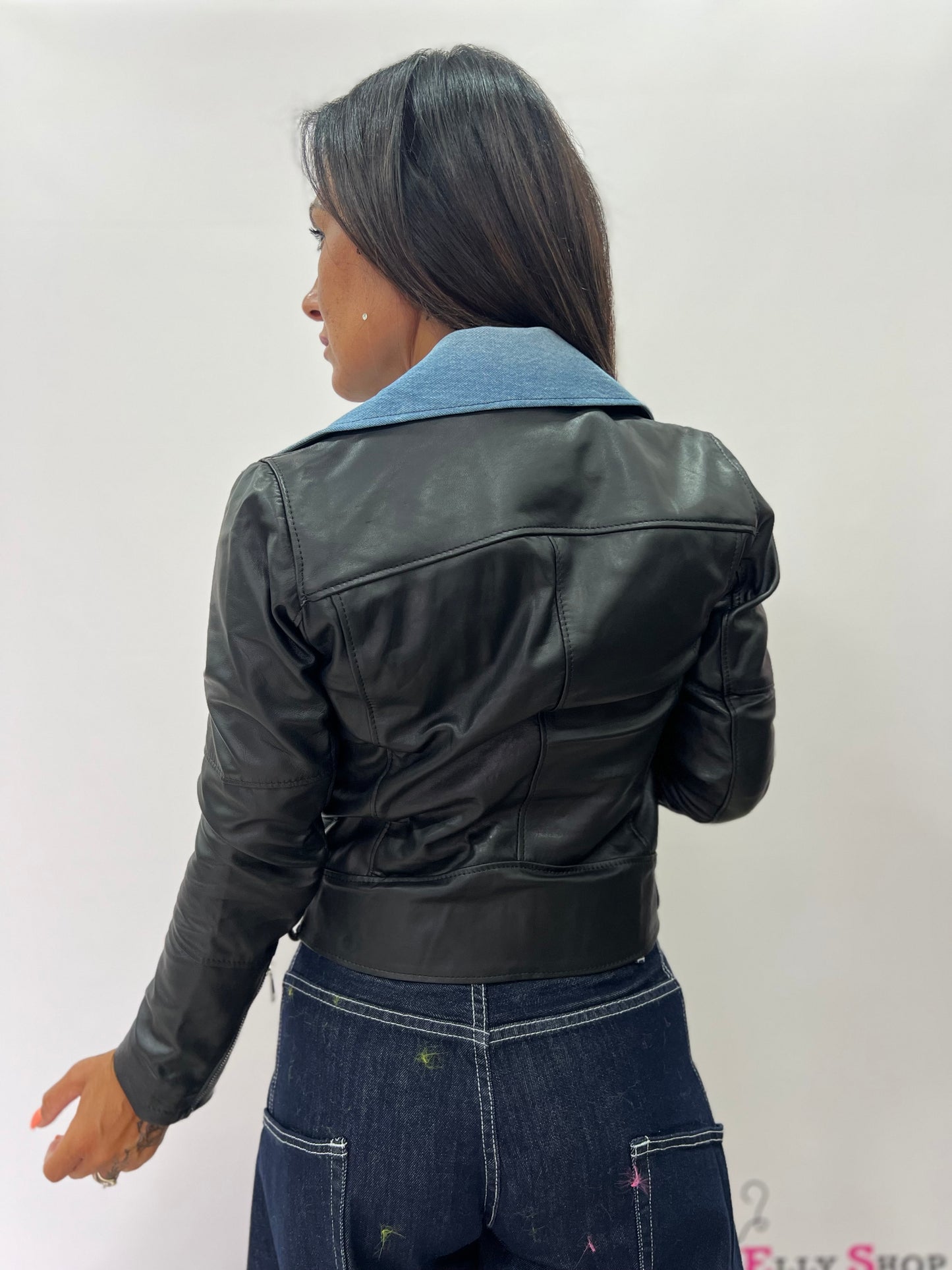 Giubbino chiodo donna pelle e jeans made in italy