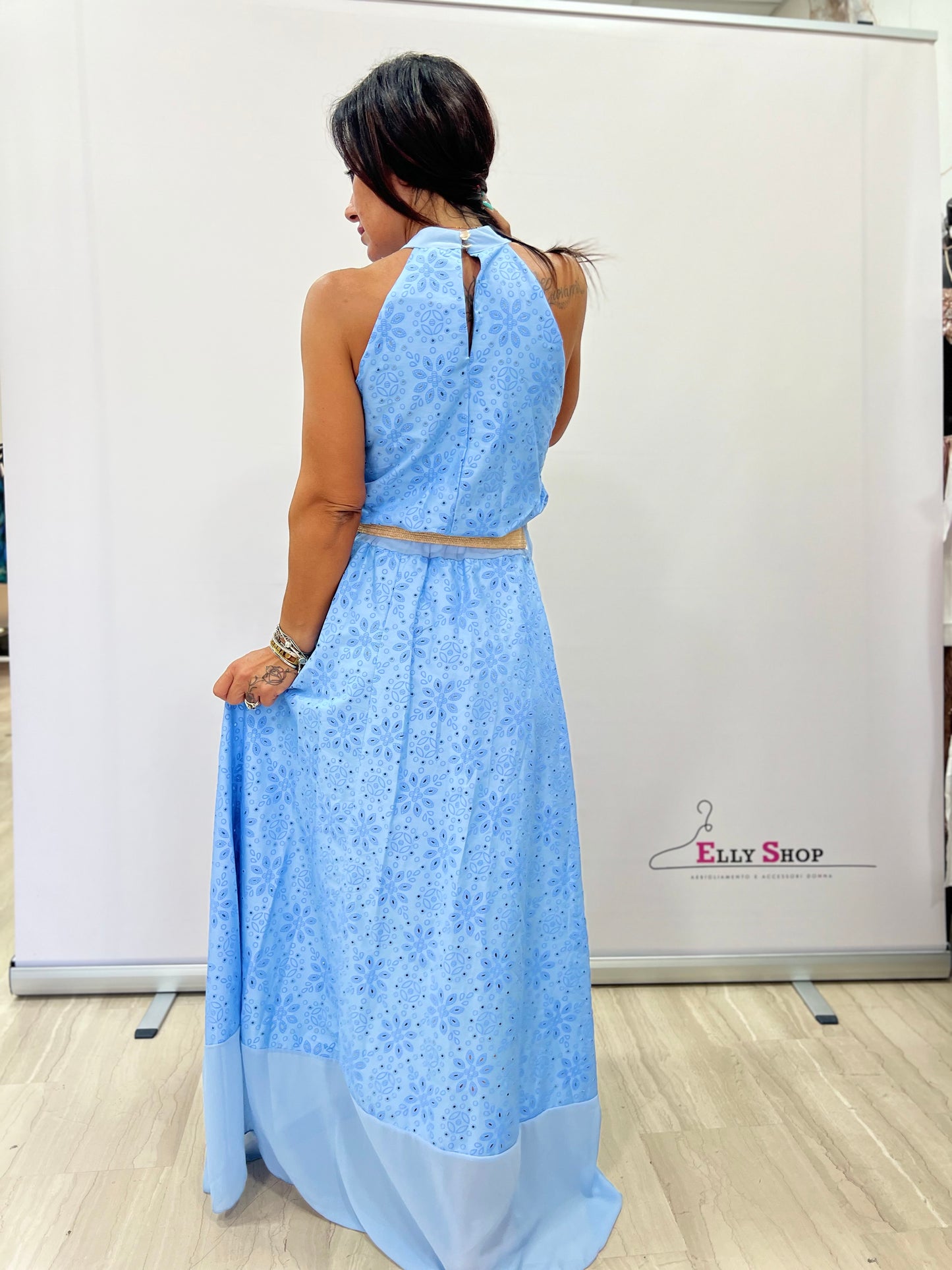 Completo Estivo Donna Gonna Lunga E Top Halter Azzurro e Marrone Ricamato