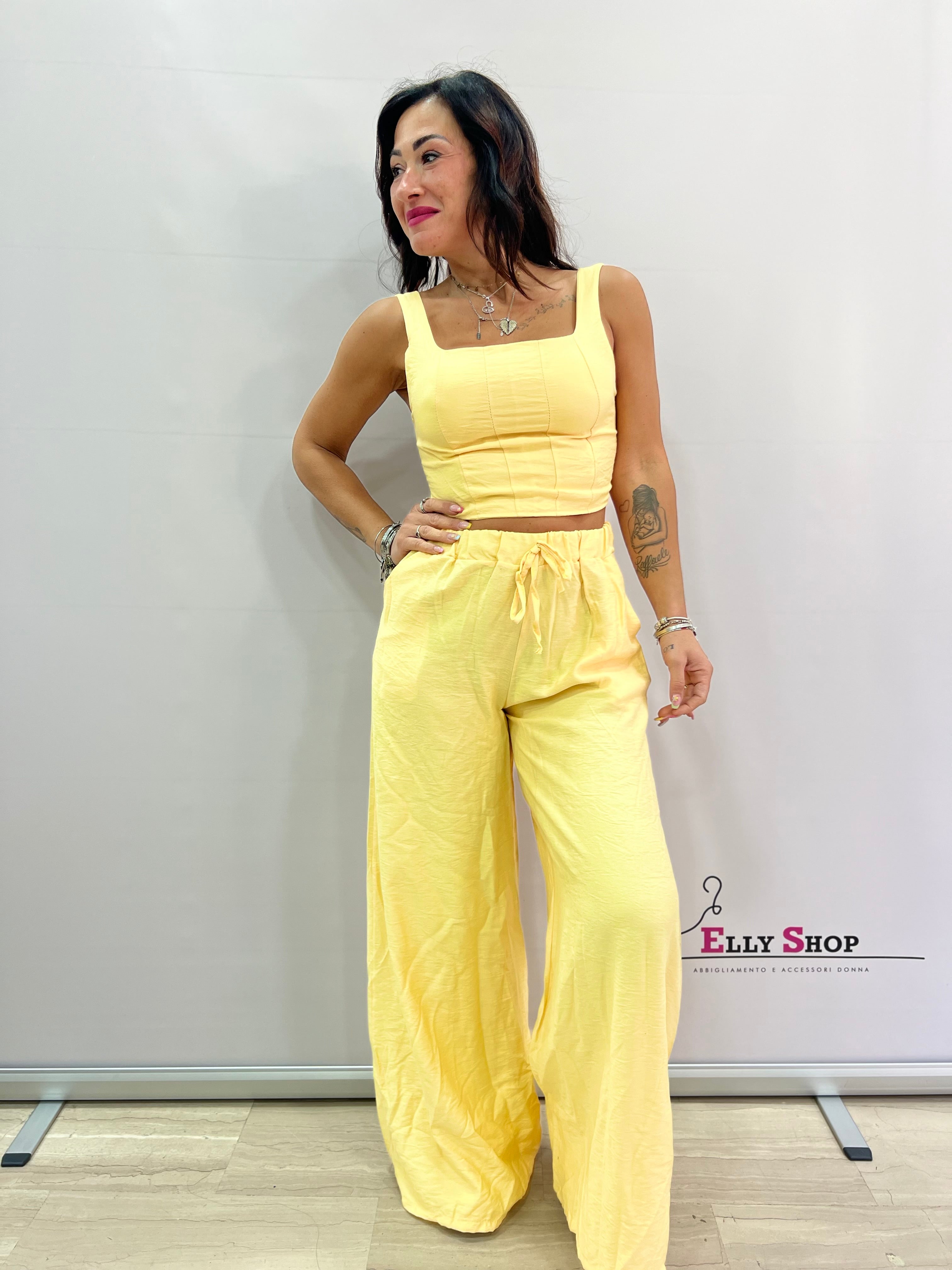 Completo Misto Lino Top e Pantalone Comodo a Zampa