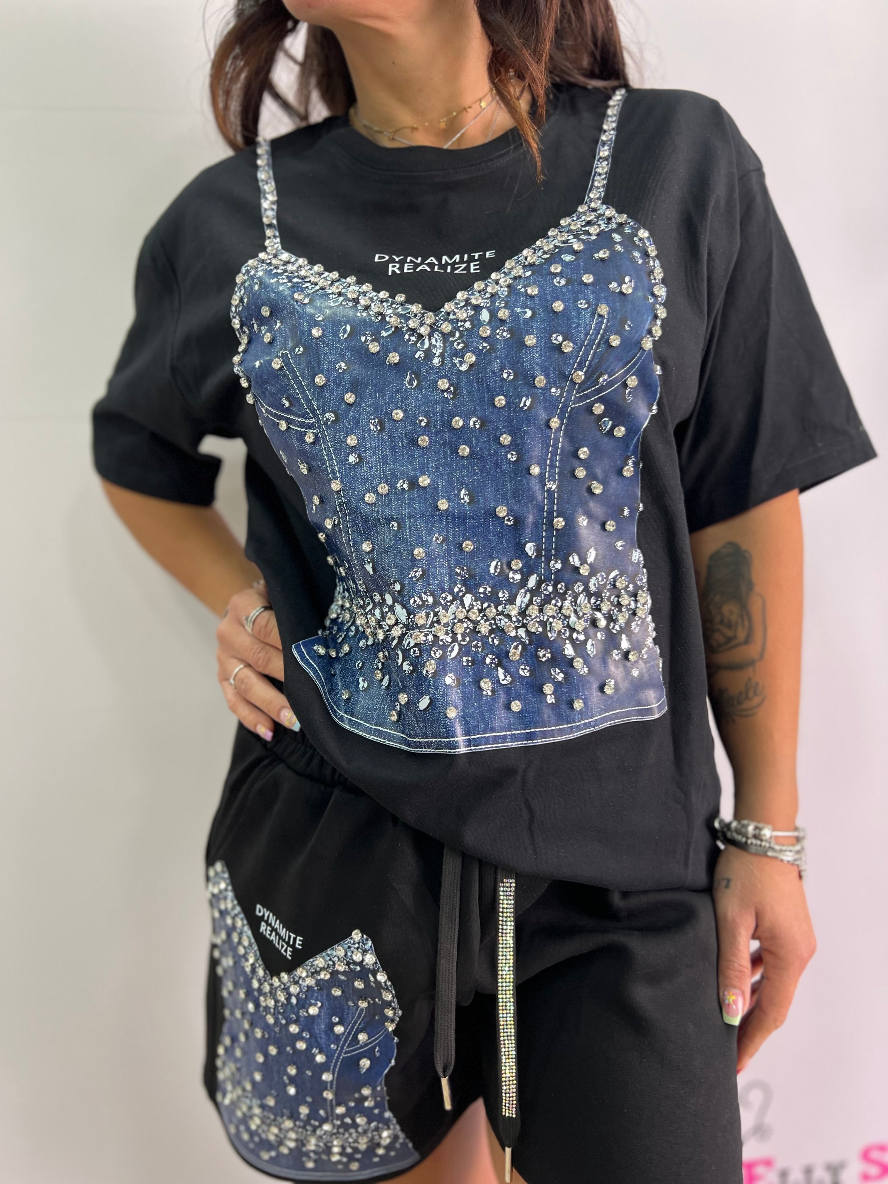 Completo donna estivo con stampa denim e strass – Taglia unica L/XL