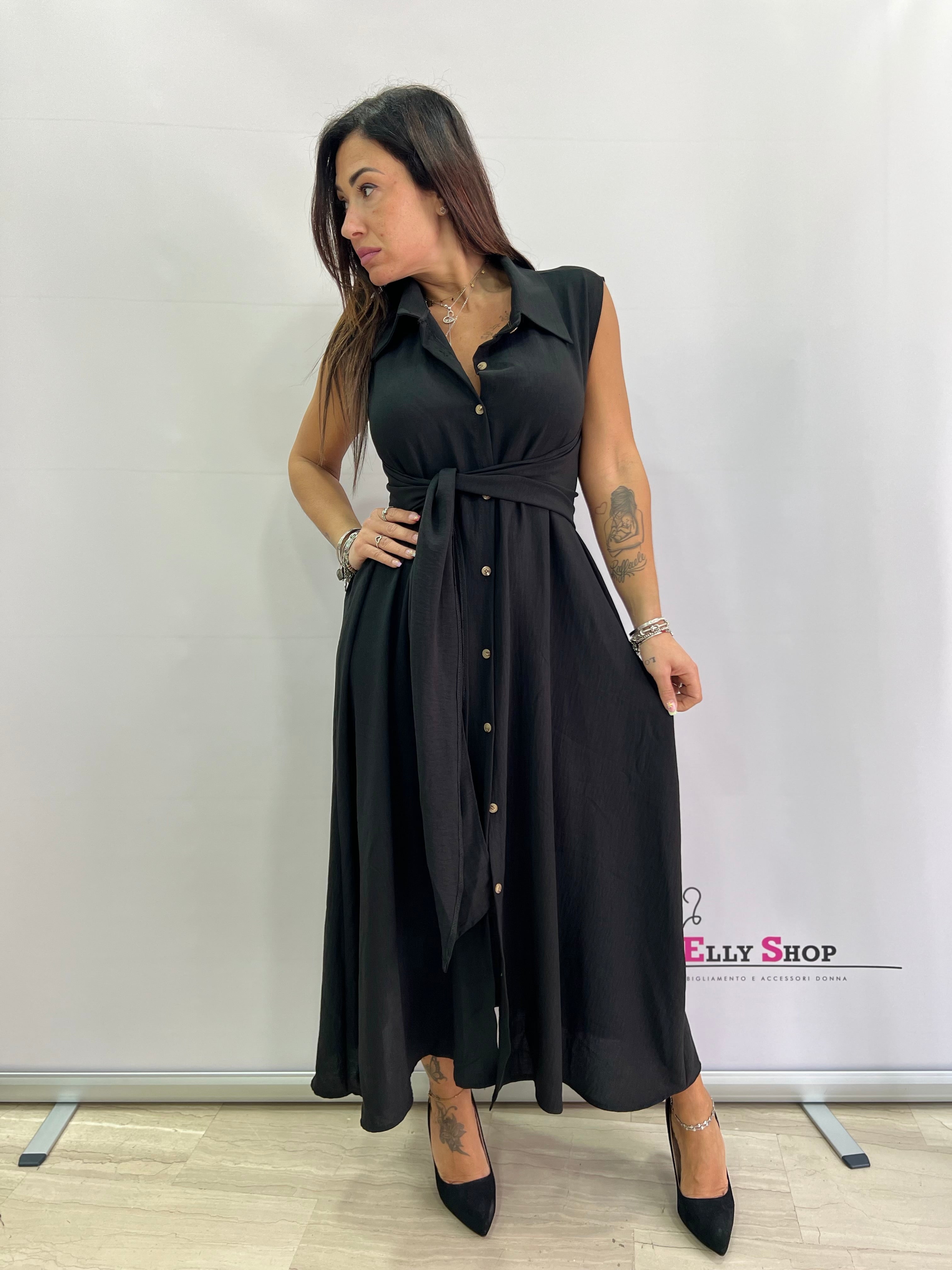 Abito lungo curvy donna smanicato con cintura – nero, verde militare o arancio