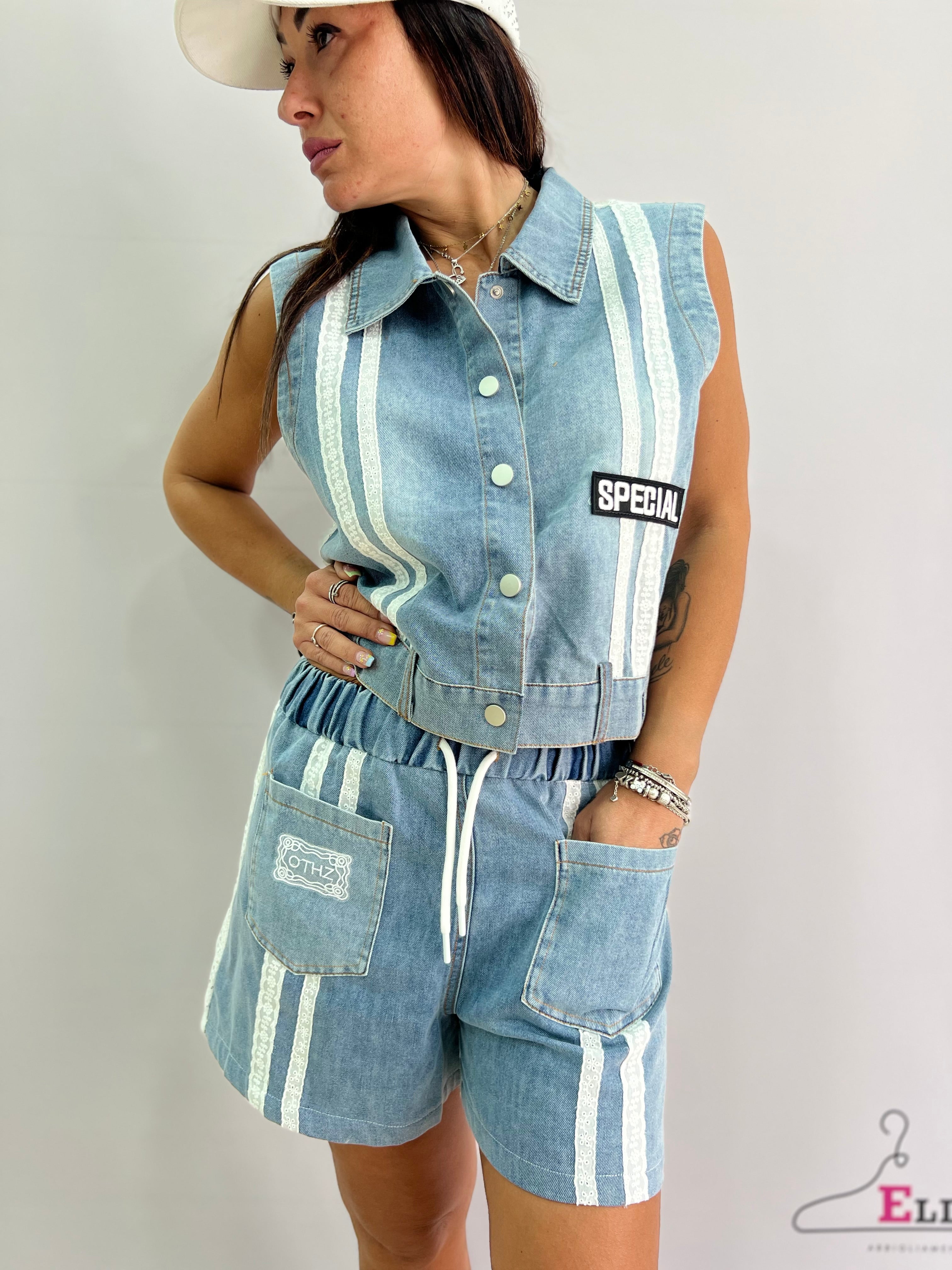 Completo estivo in denim donna smanicato e shorts – taglia unica fino a L/XL