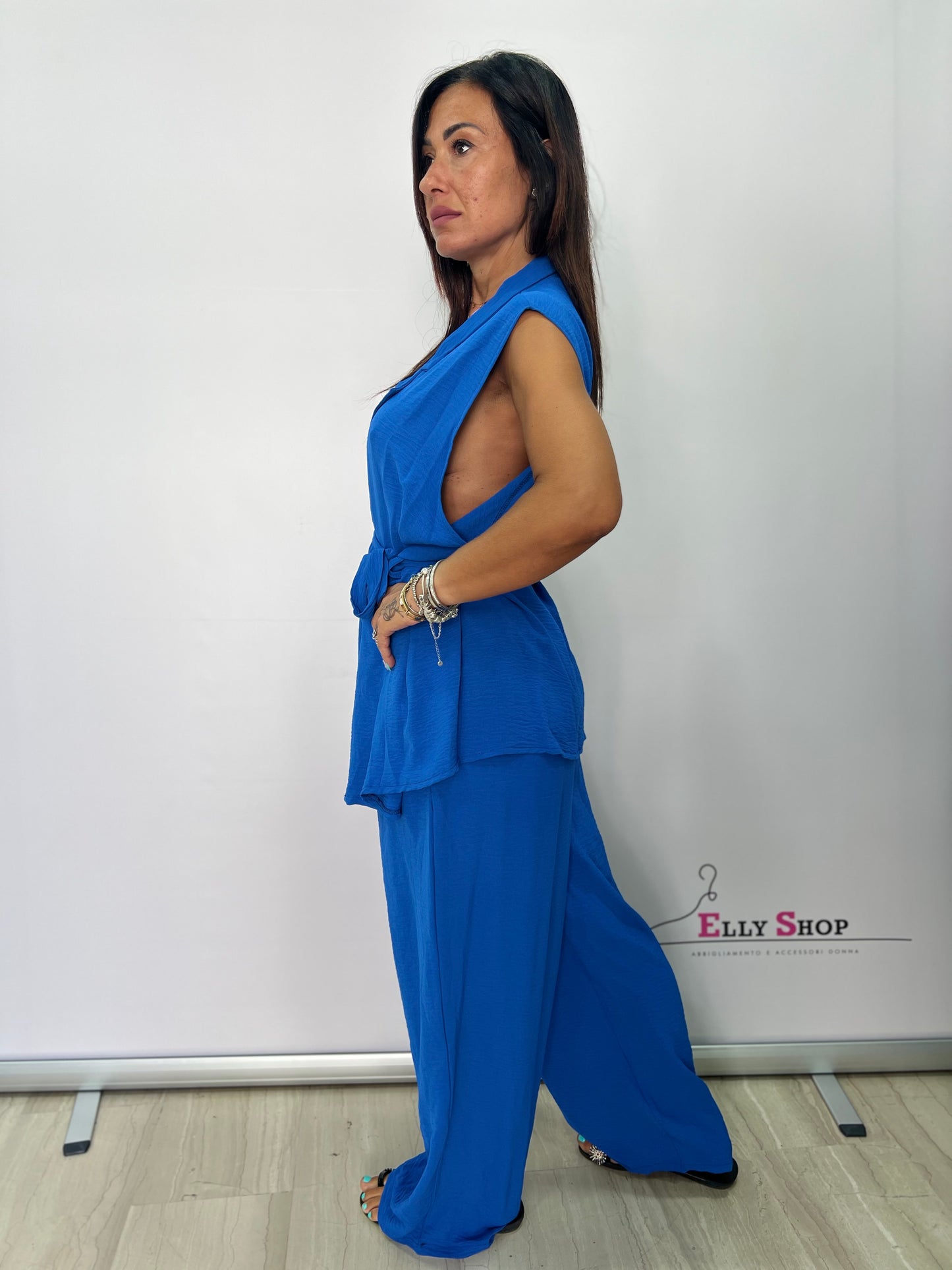 Completo curvy pantalone donna elegante con gilet lungo senza maniche – Blu, Nero, Fuxia