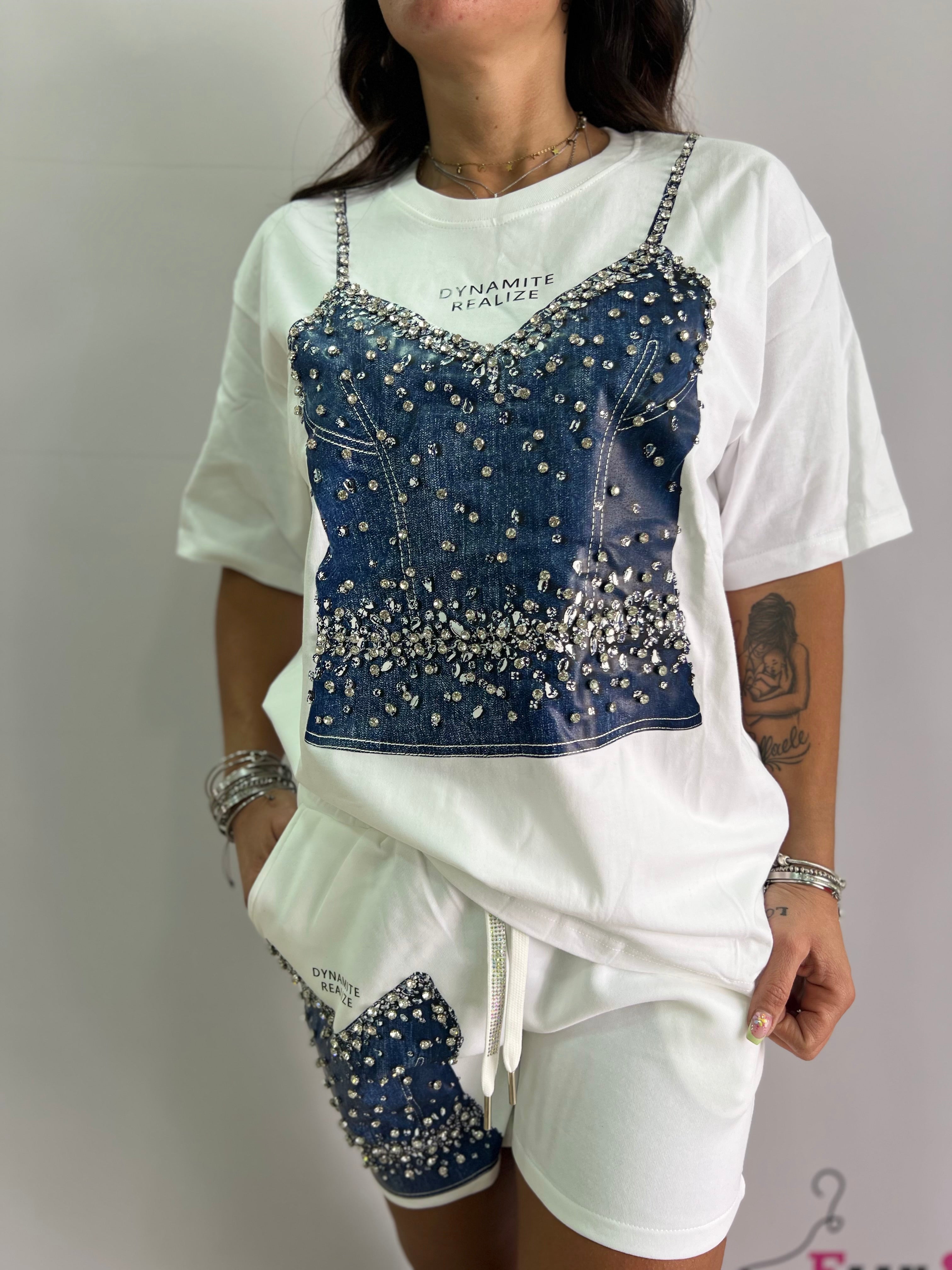 Completo donna estivo con stampa denim e strass – Taglia unica L/XL