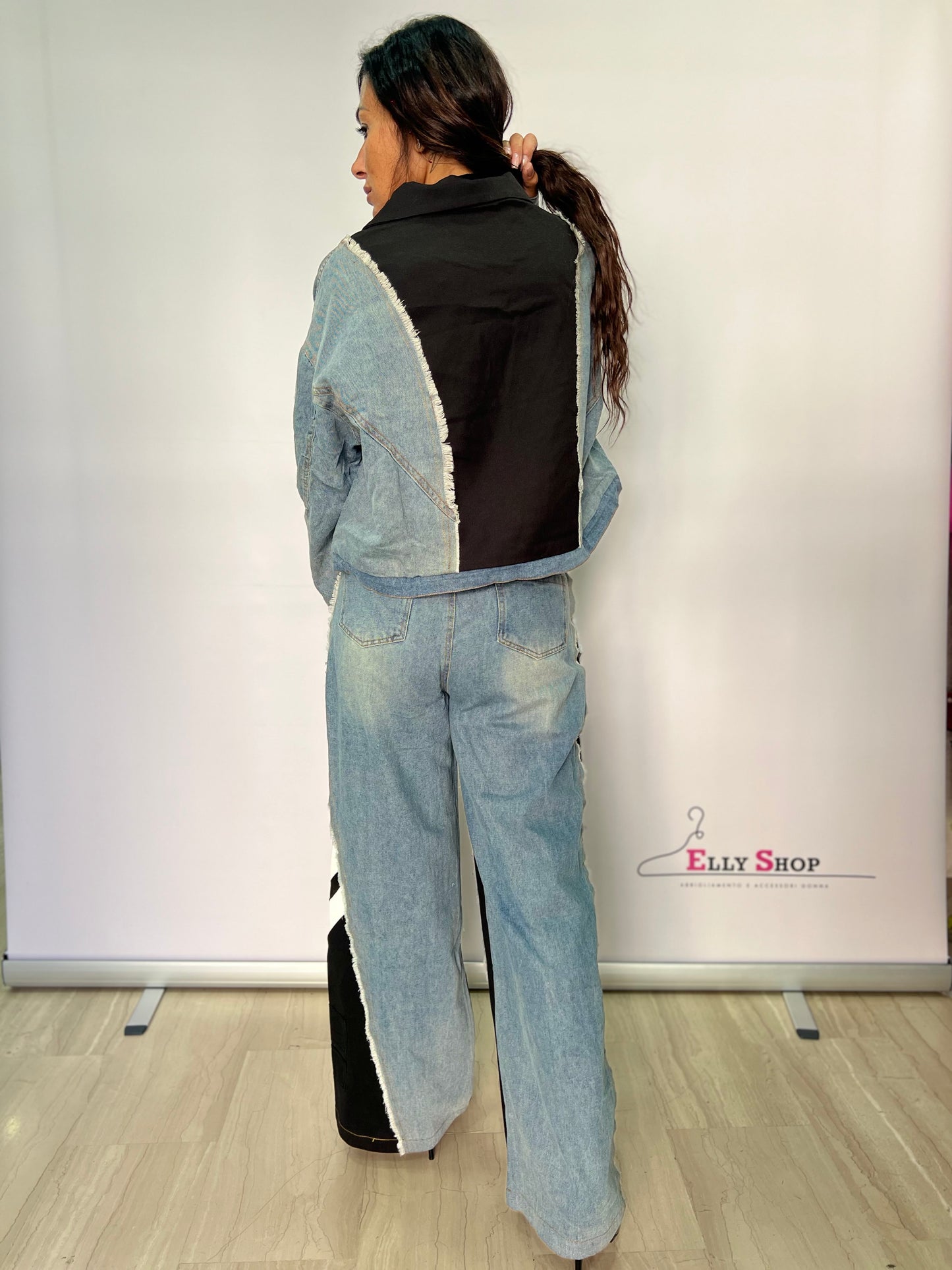 Completo denim e stoffa giacca e pantalone