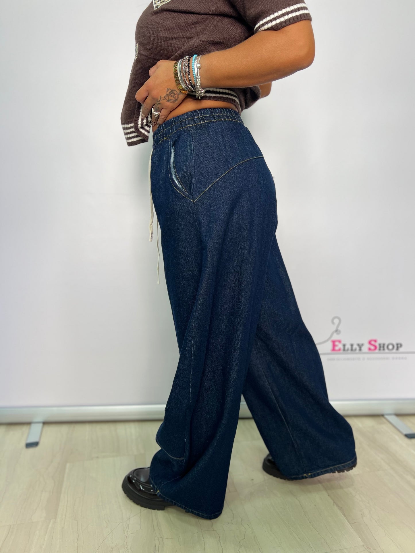 Pantalone in denim con molla in vita balloon