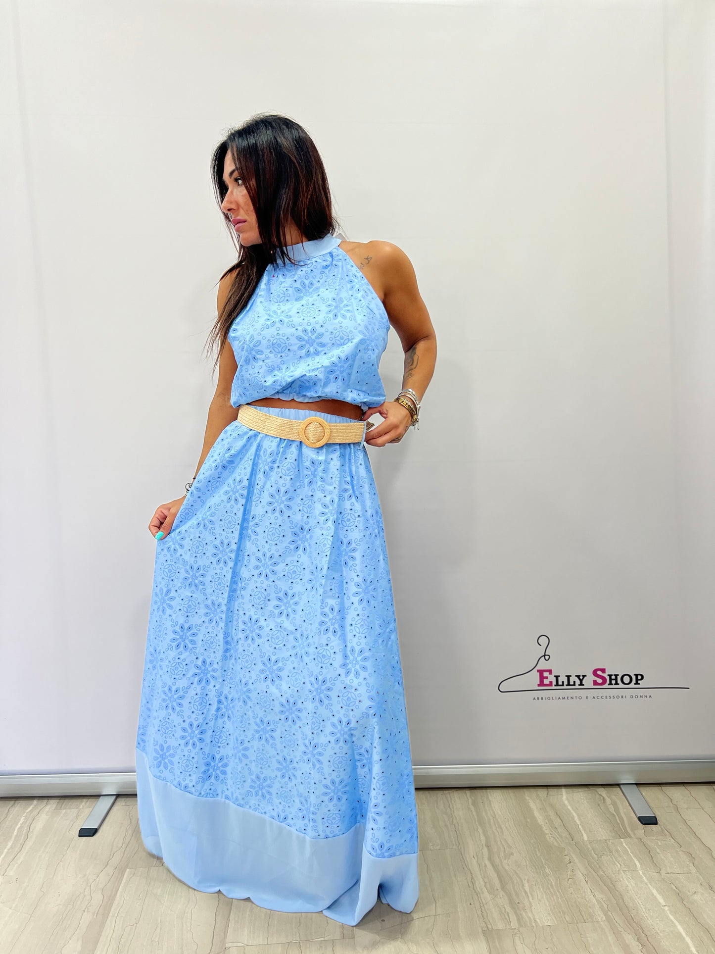 Completo Estivo Donna Gonna Lunga E Top Halter Azzurro e Marrone Ricamato