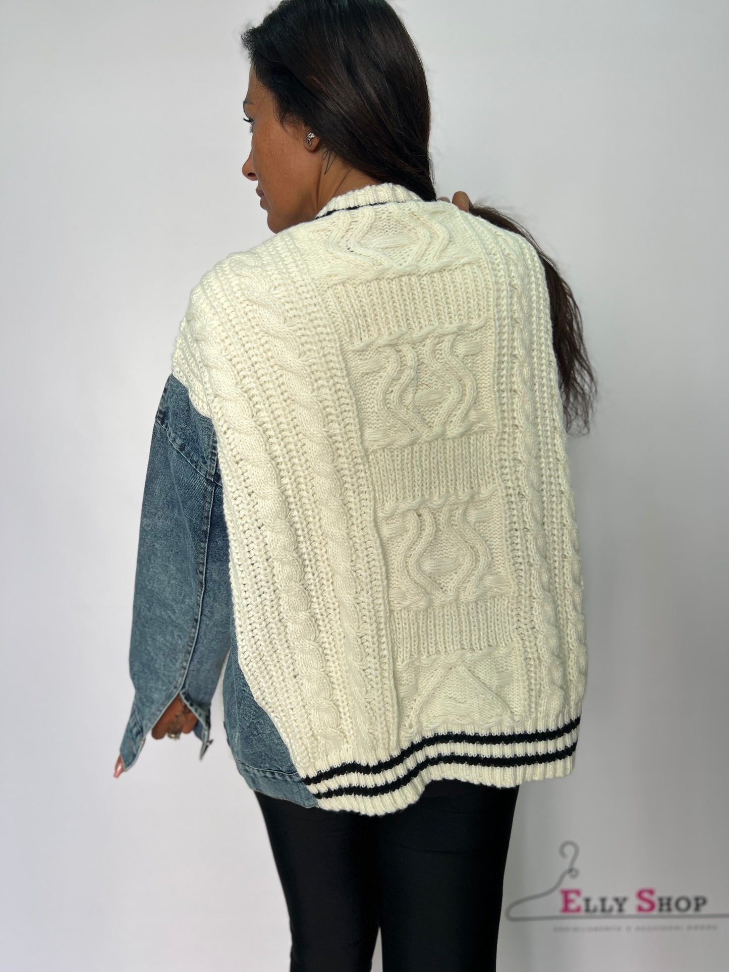 Cardigan donna in lanettina e denim nero con dettagli bianchi – giubbino casual taglia unica XL