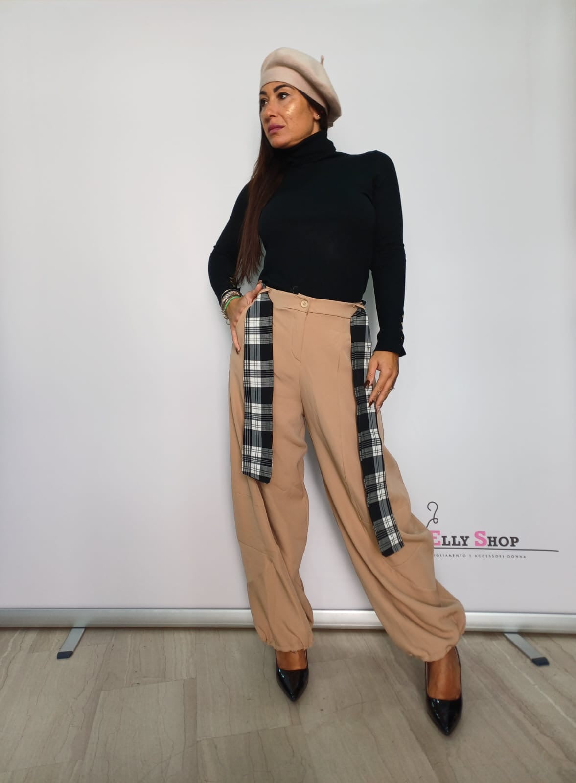 Pantalone donna bretelle scozzese