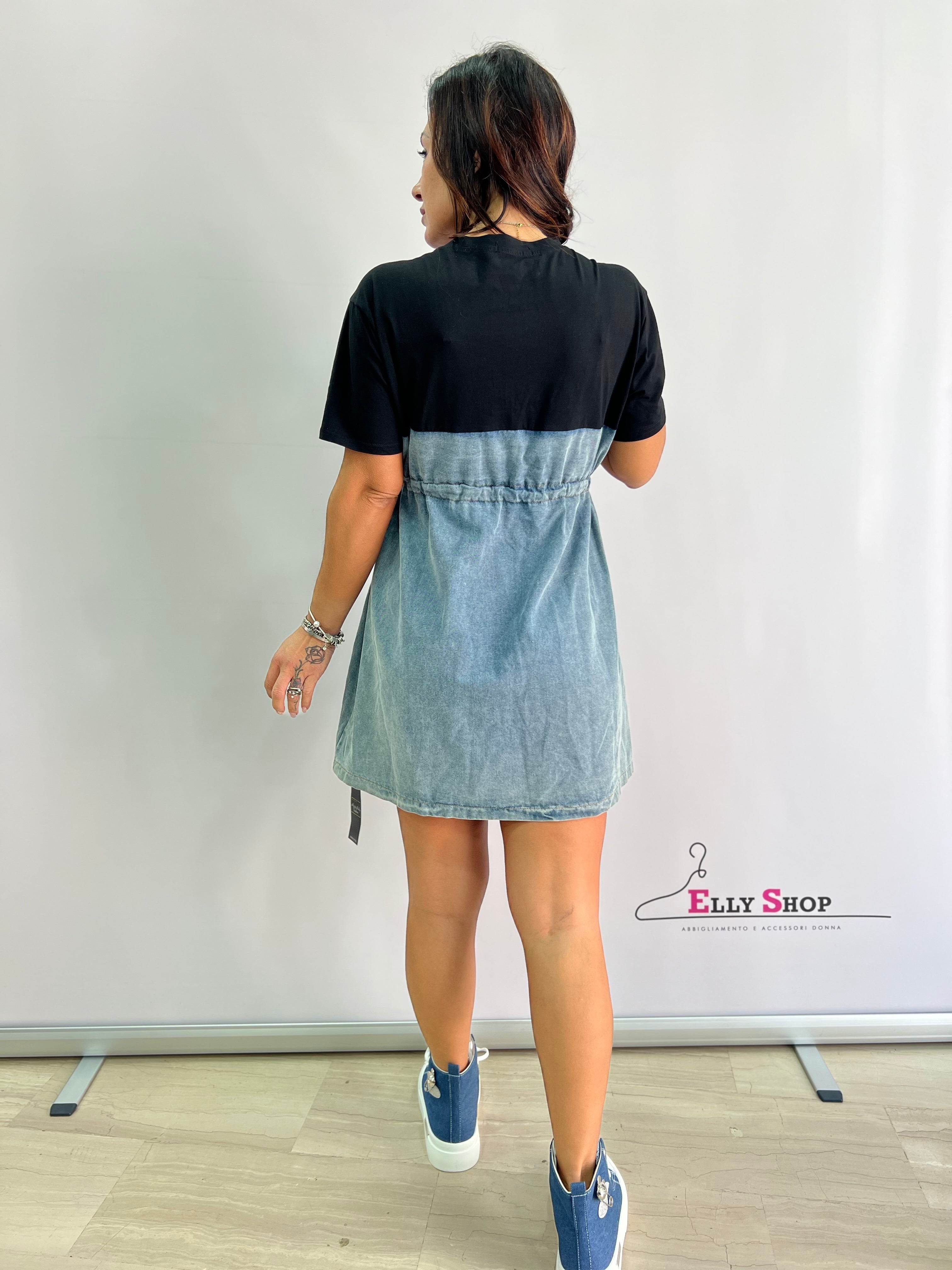 Vestito in Denim e Stoffa Tasche Laterali