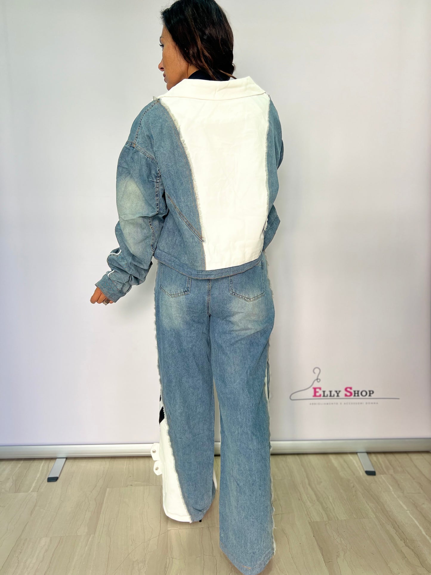 Completo denim e stoffa giacca e pantalone
