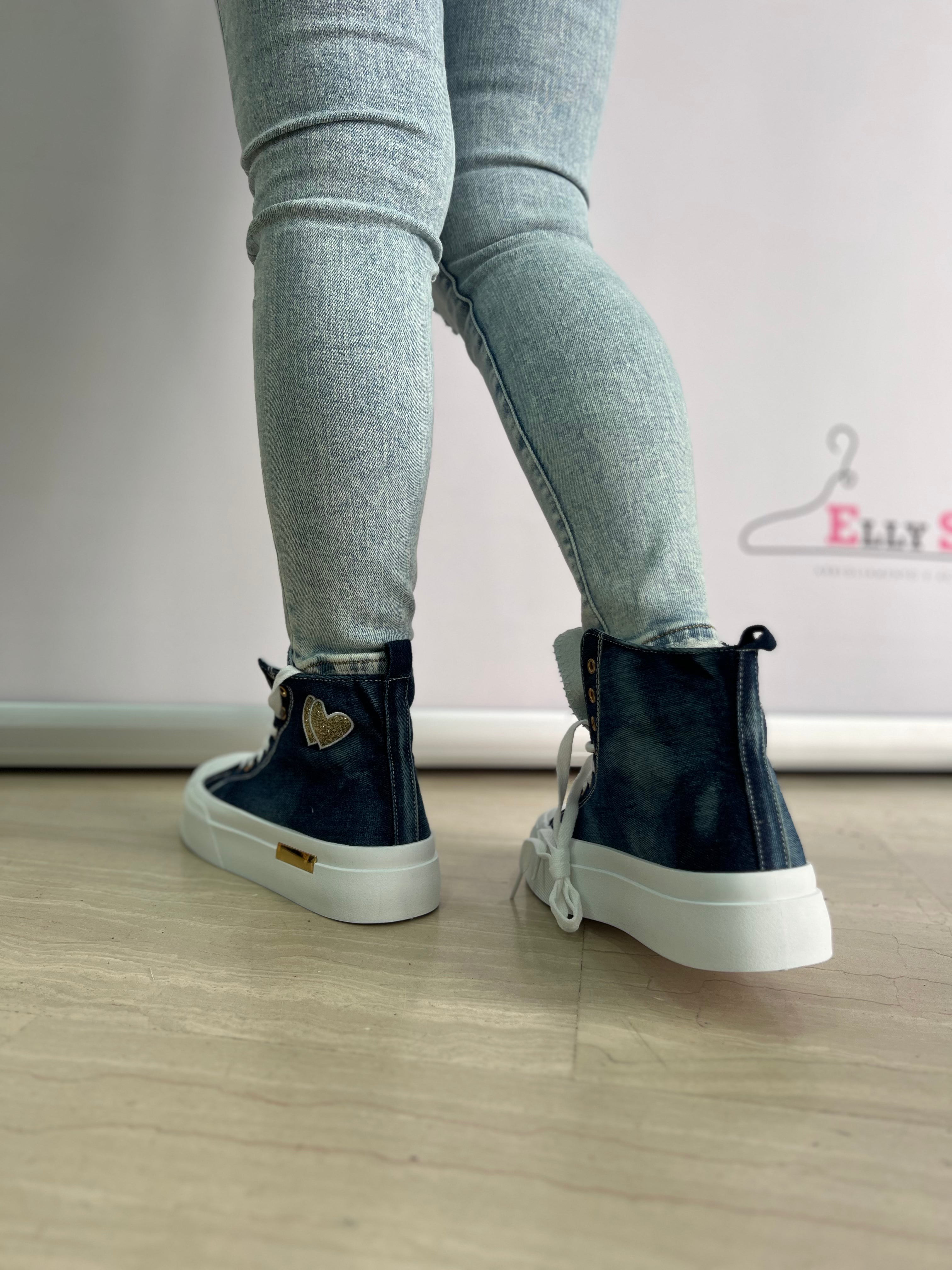 Sneakers alte donna in denim con cuore glitter – dal 37 al 41 stile urban trendy