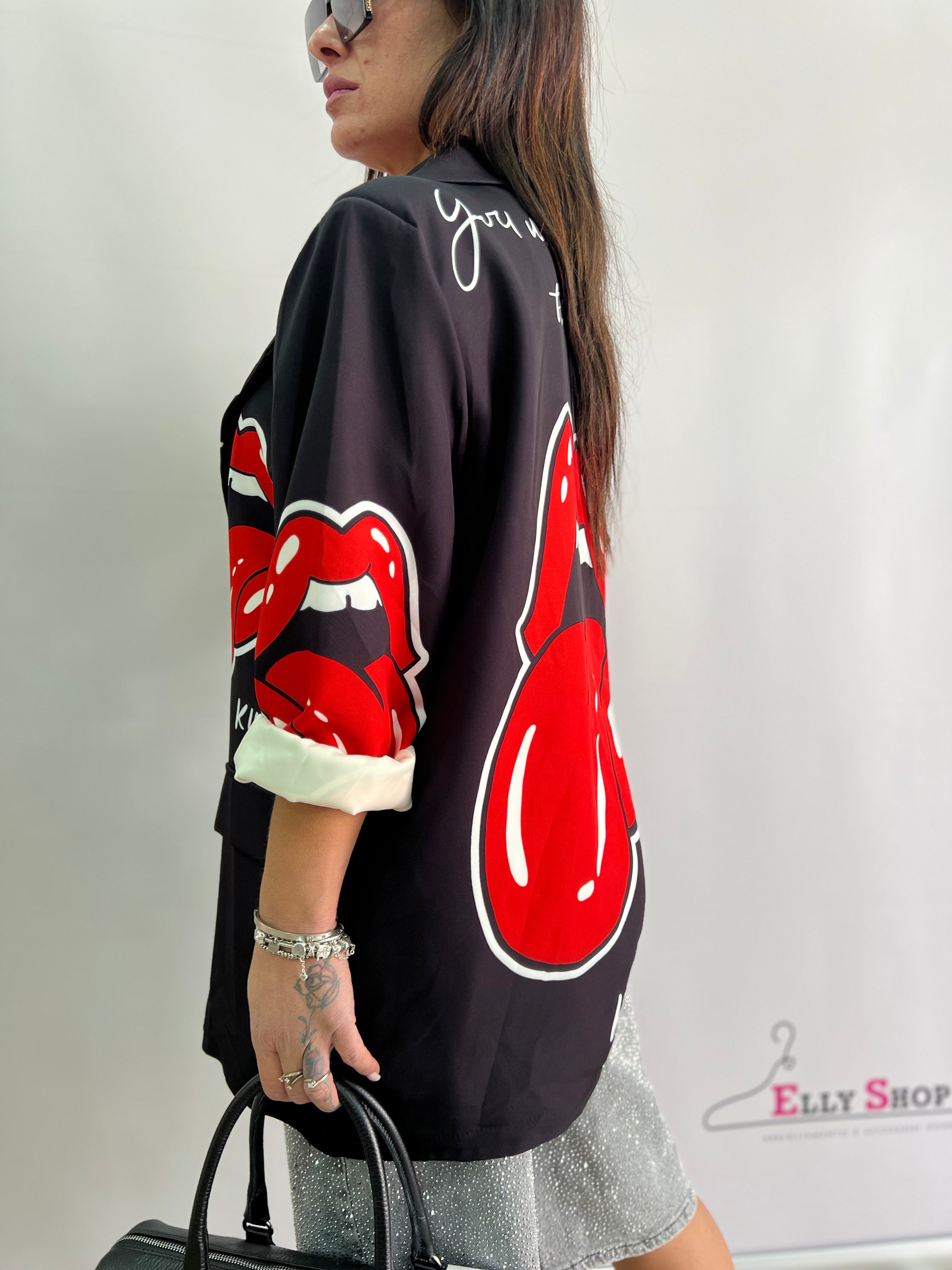 Blazer Nero Stampa Grafica con Dettagli Rossi e Scritta