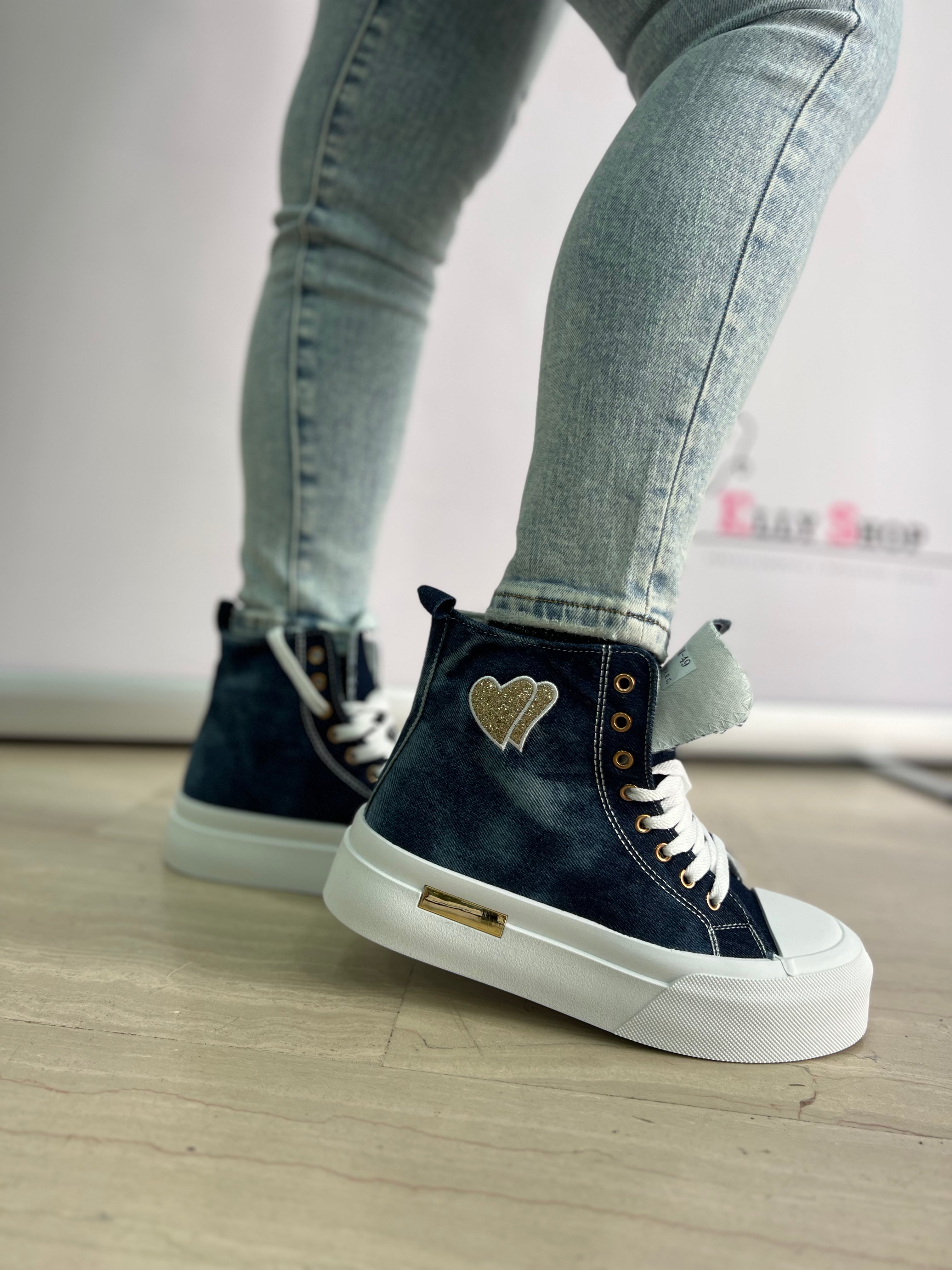 Sneakers alte donna in denim con cuore glitter – dal 37 al 41 stile urban trendy