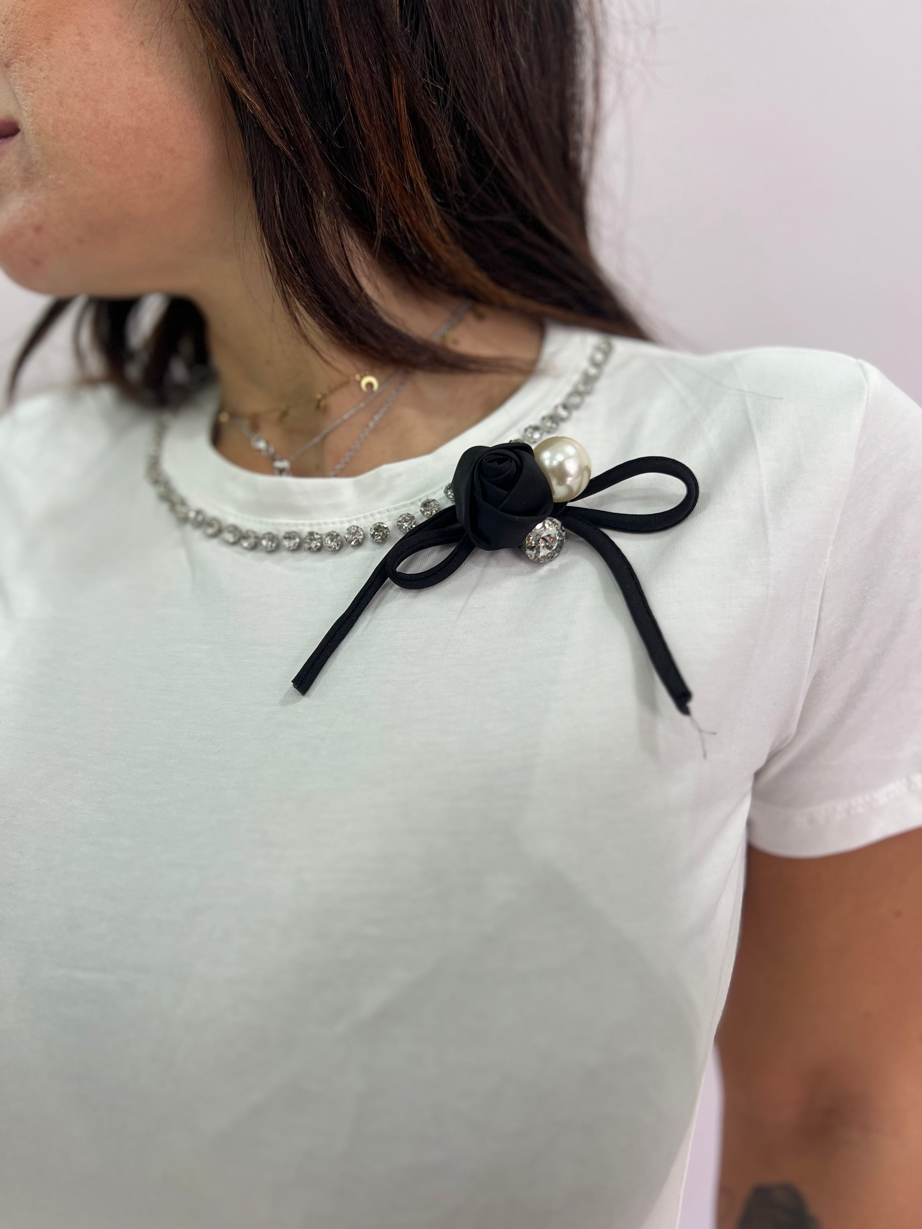 T-shirt donna con strass e perla – elegante e comoda taglie SM/LXL