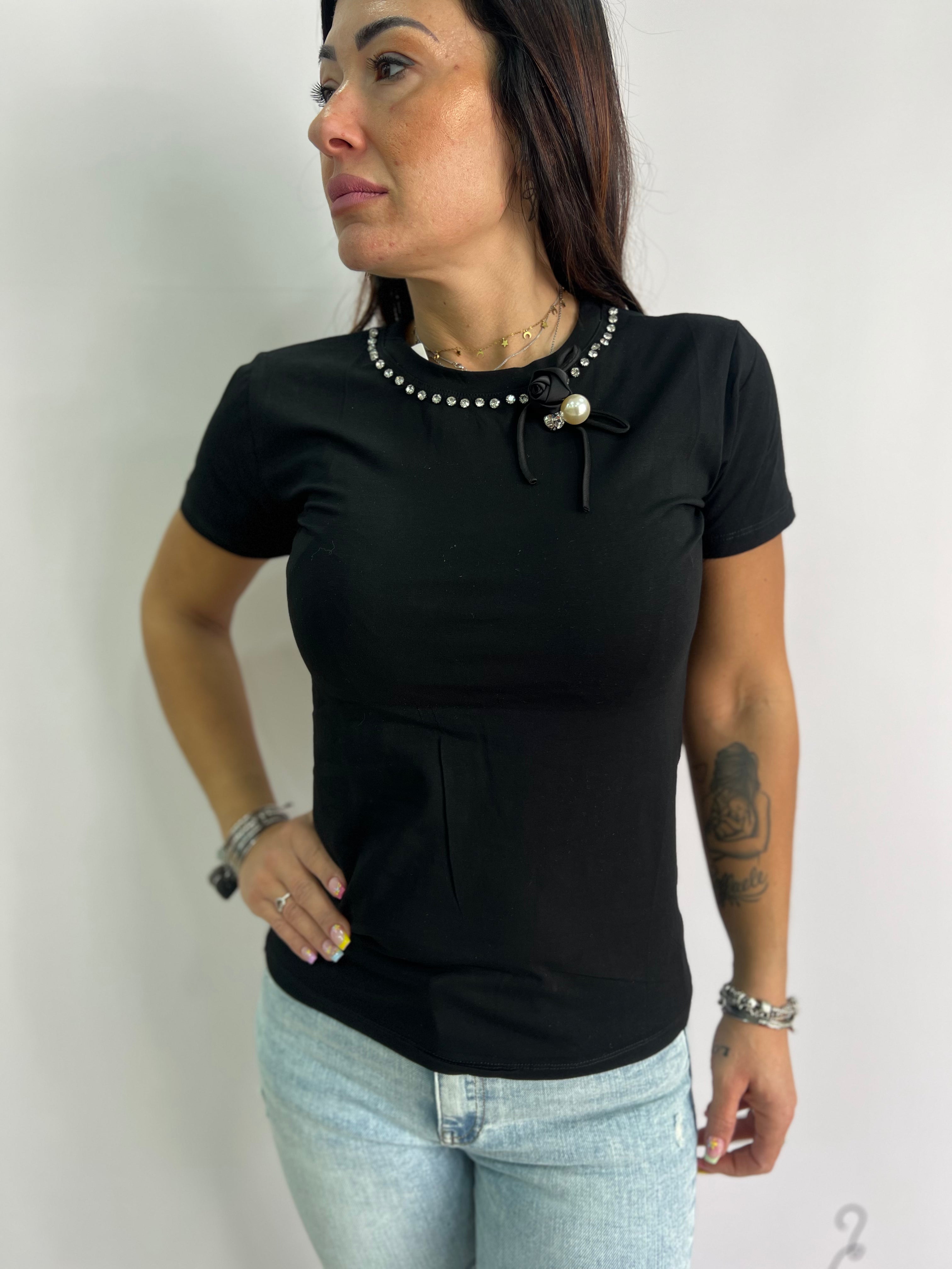 T-shirt donna con strass e perla – elegante e comoda taglie SM/LXL