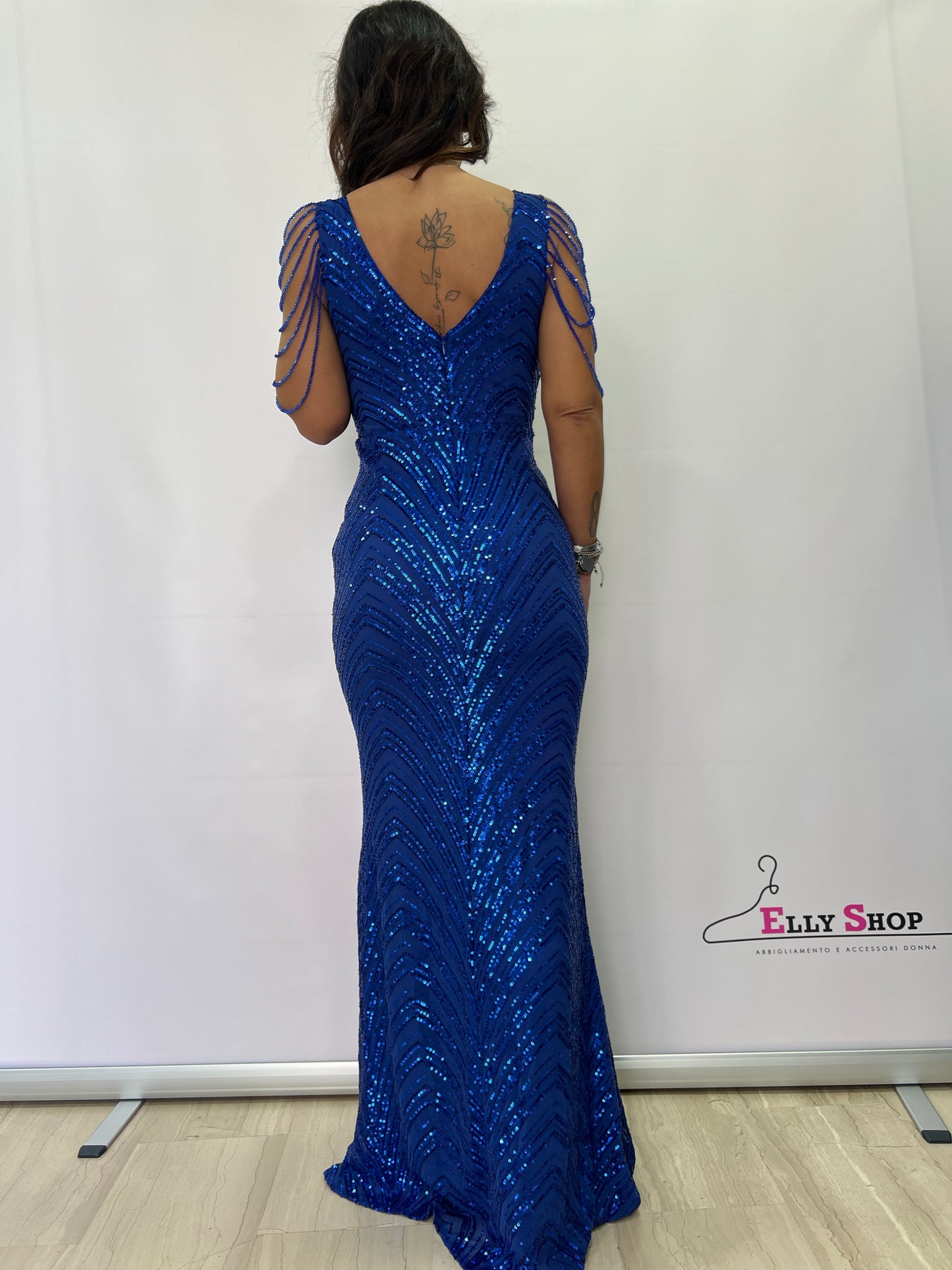 Abito da Sera Elegante Blu con Paillettes e Maniche a Catena - Vestito Lungo Donna