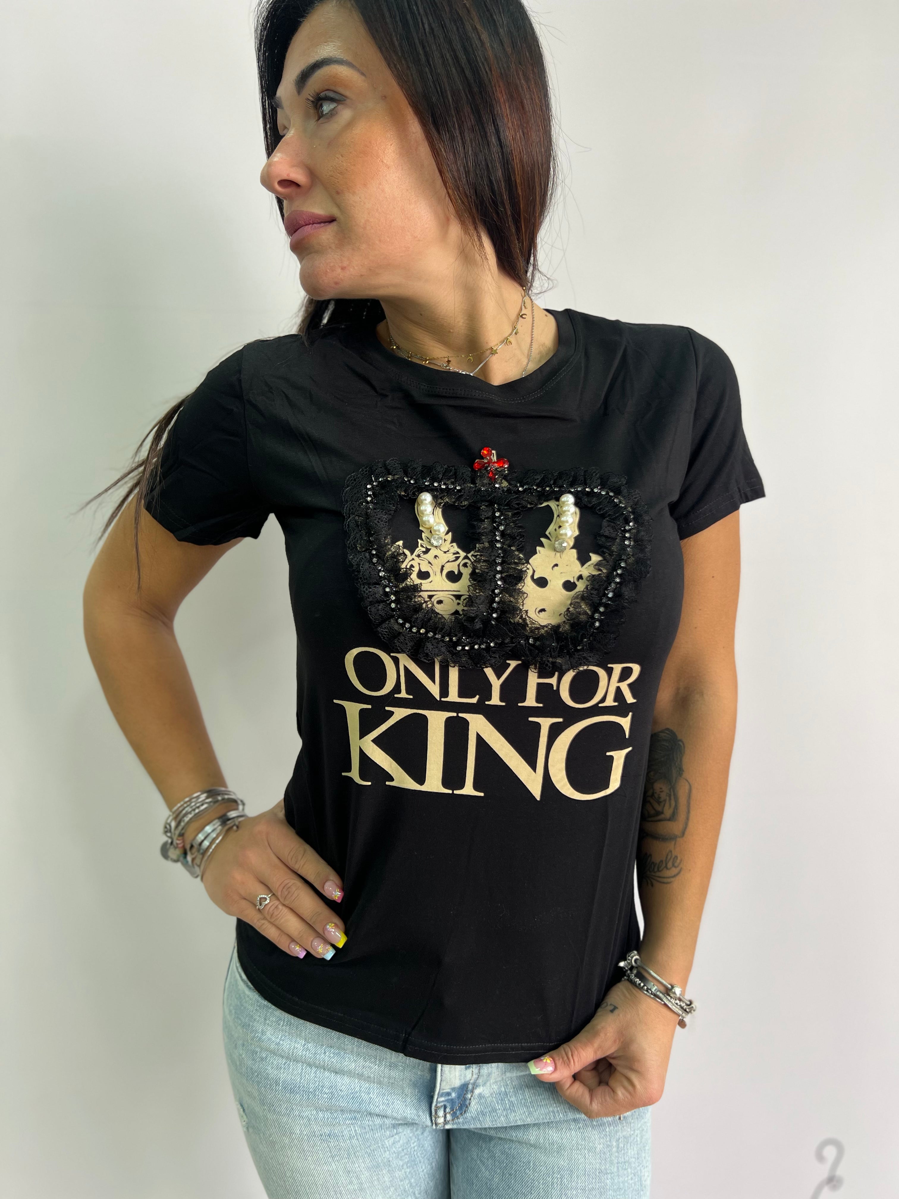 T-shirt donna "ONLY FOR KING" con corona gioiello – disponibile in bianco e nero