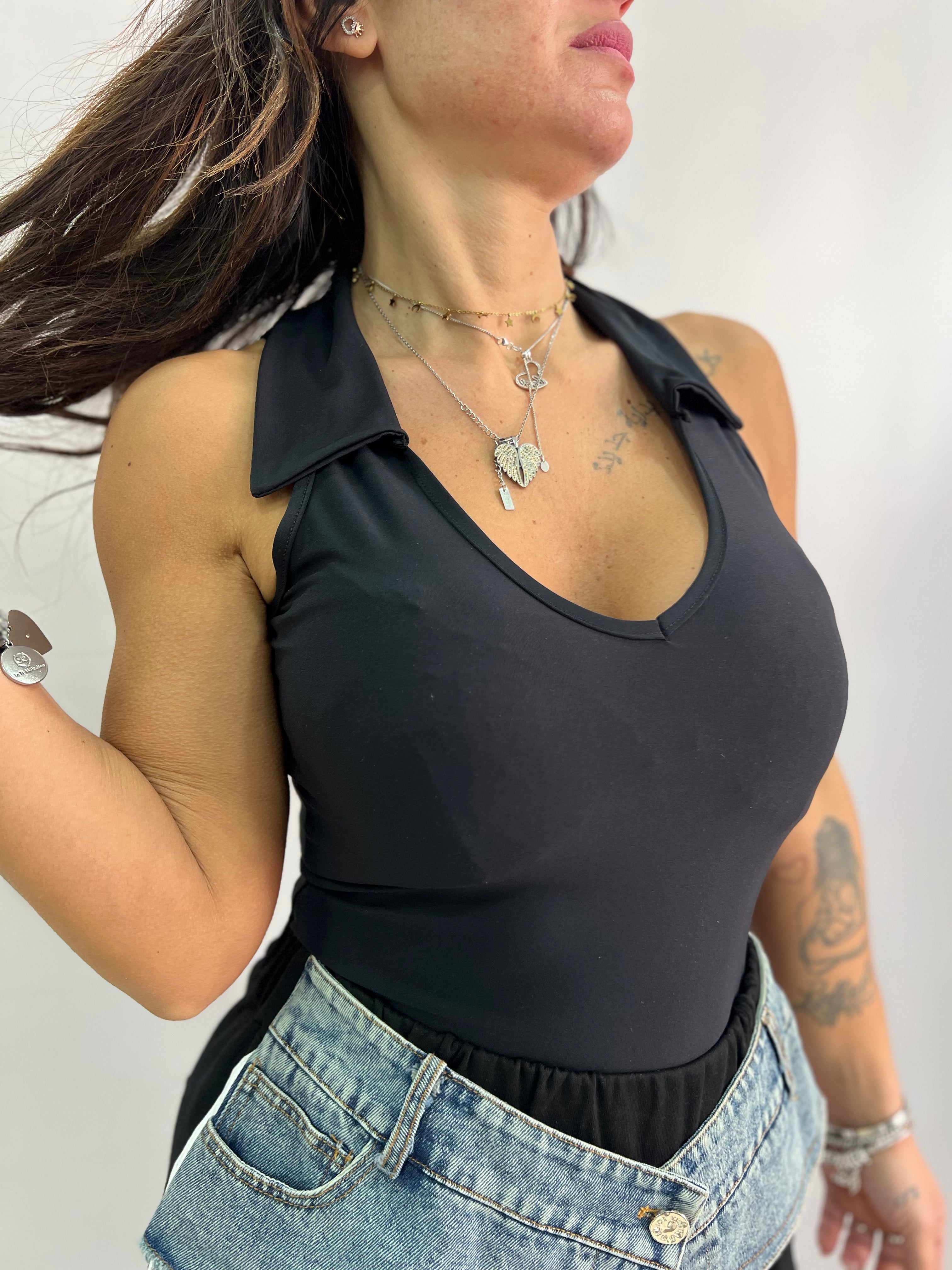 Body Donna Nero con Colletto Elegante – Scollo Profondo e Vestibilità Aderente