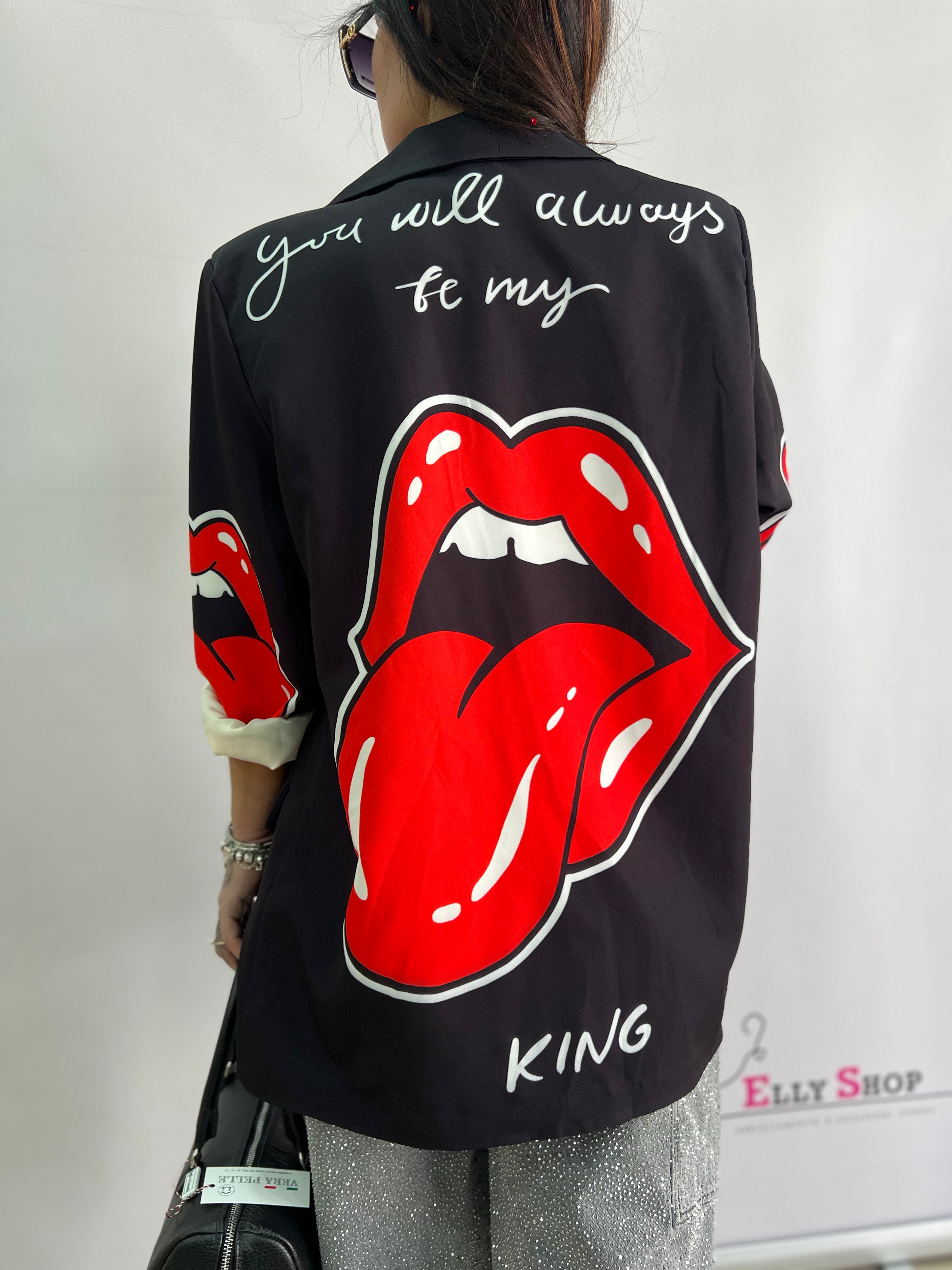 Blazer Nero Stampa Grafica con Dettagli Rossi e Scritta