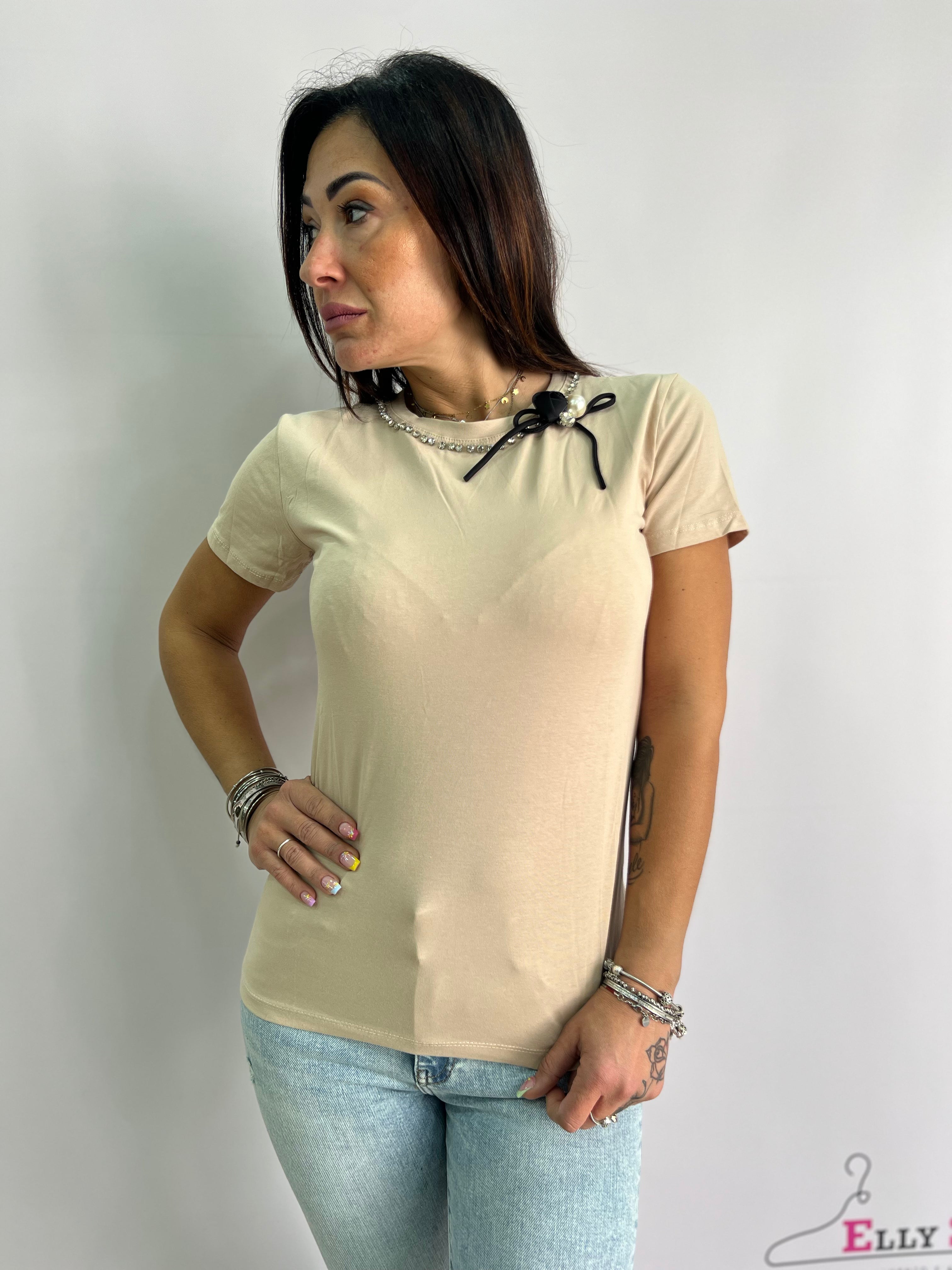 T-shirt donna con strass e perla – elegante e comoda taglie SM/LXL