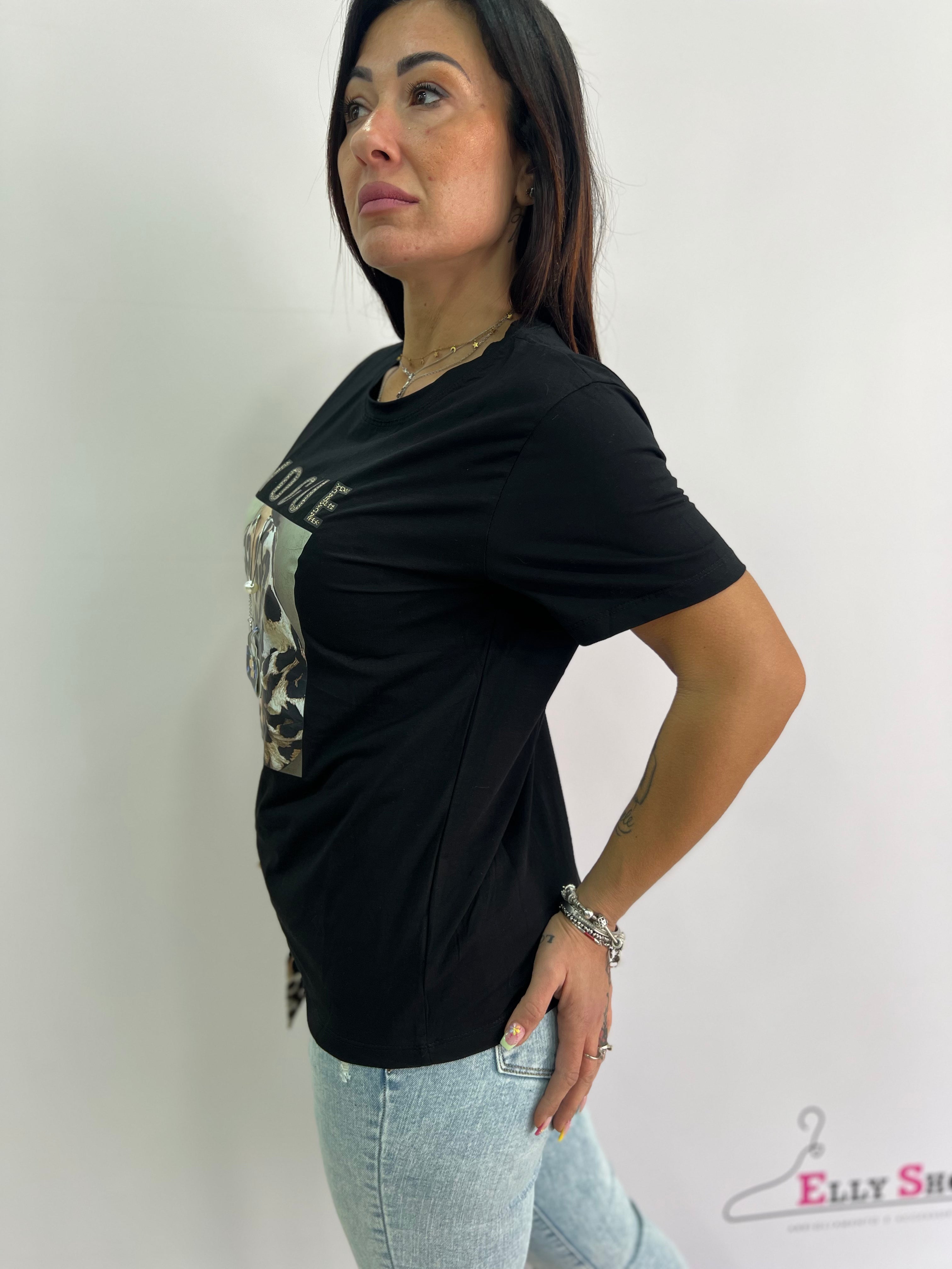 T-shirt donna "VOGUE" con stampa fashion e fiocco animalier – bianca o nera SM/LXL