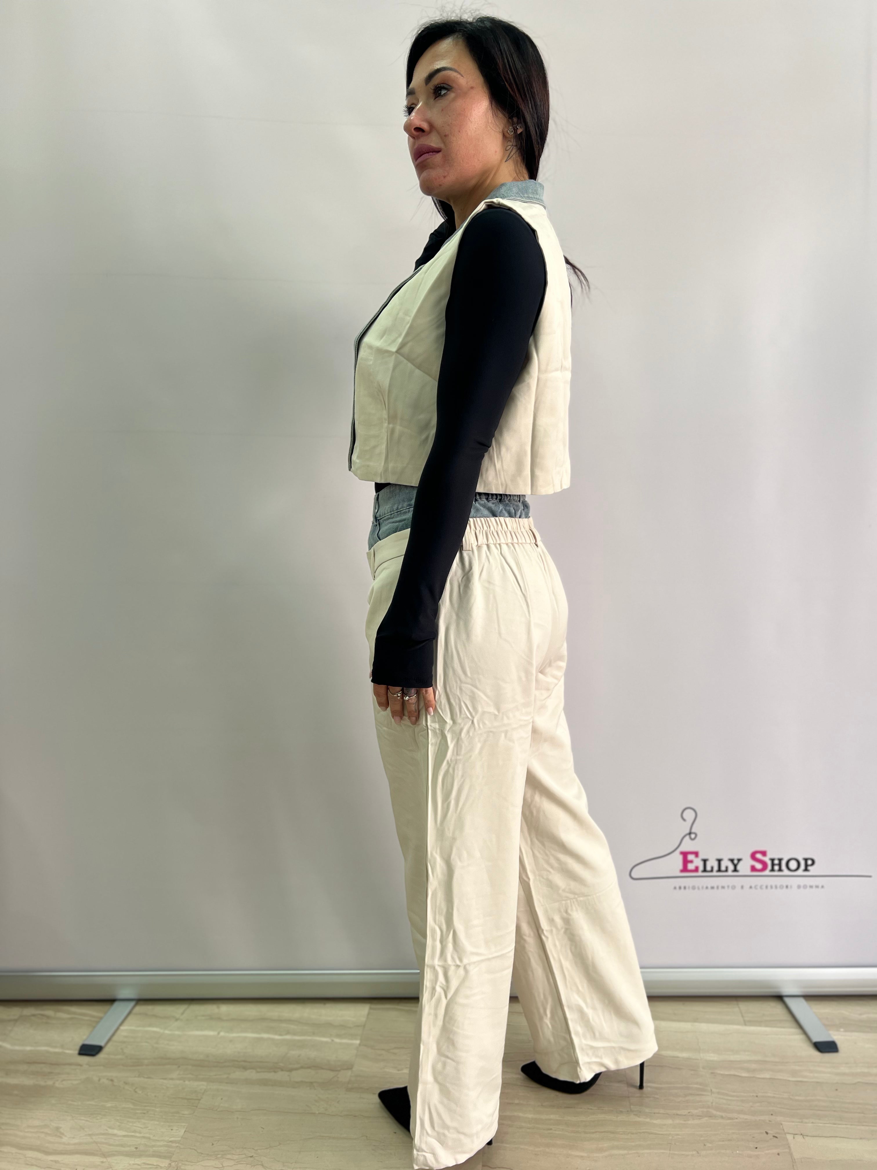 Completo Donna Elegante Due Pezzi con Gilet e Pantaloni a Vita Alta – Nero o Beige – Look Casual Chic