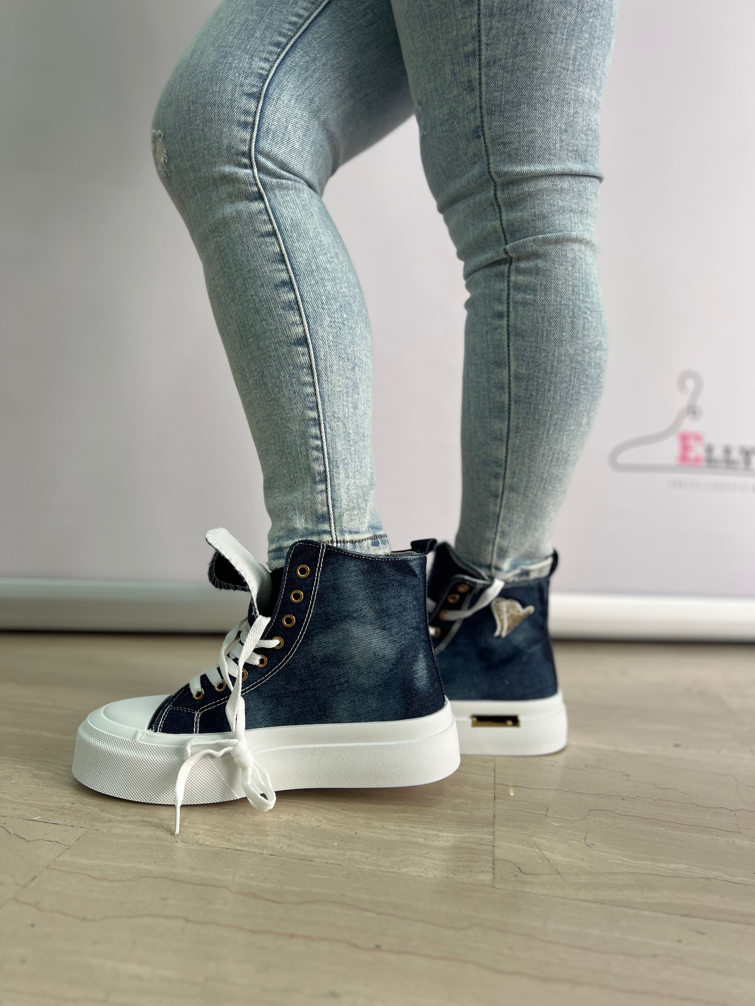 Sneakers alte donna in denim con cuore glitter – dal 37 al 41 stile urban trendy