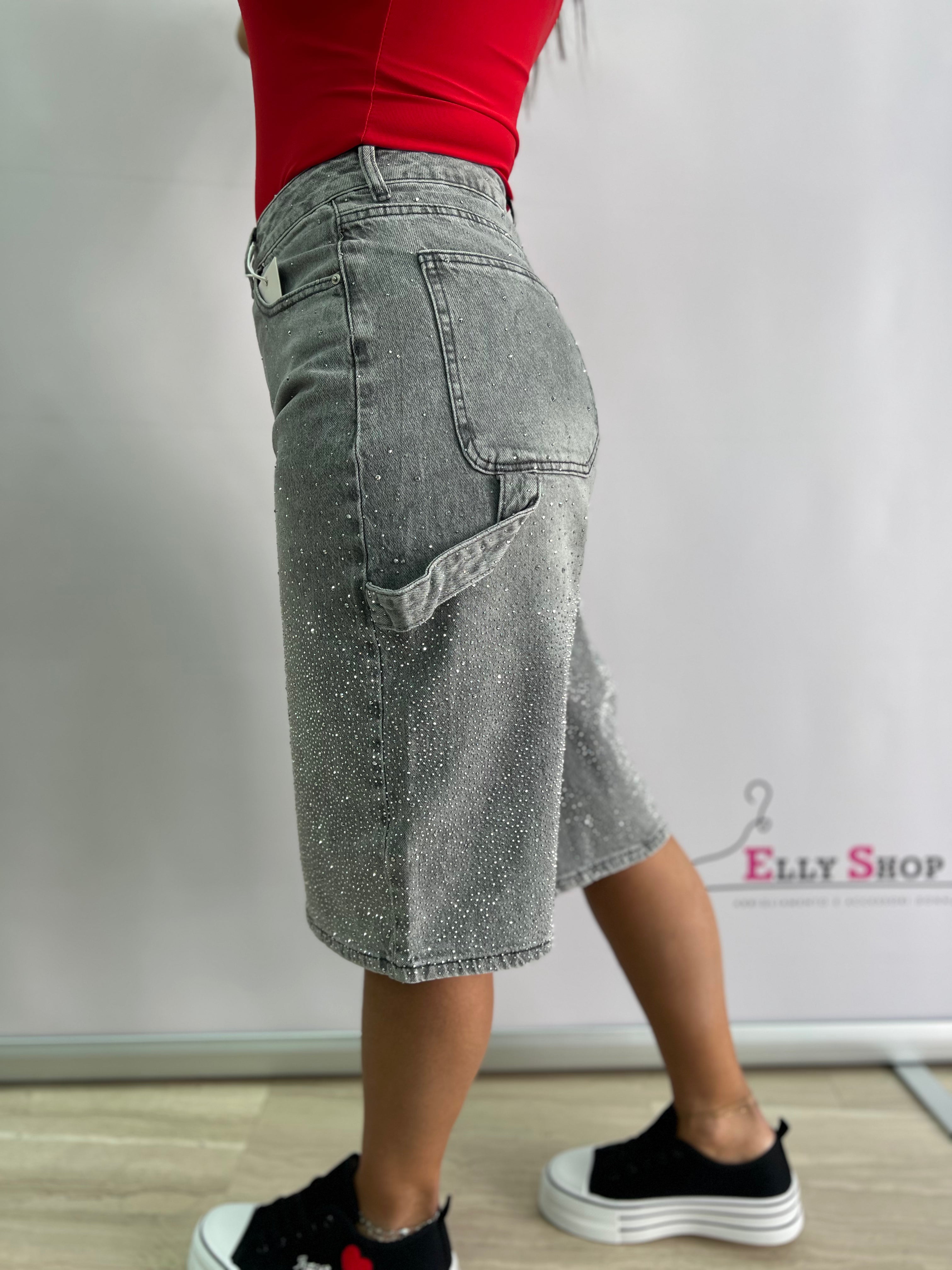 Pantaloncini Bermuda In Denim Grigio Con Strass