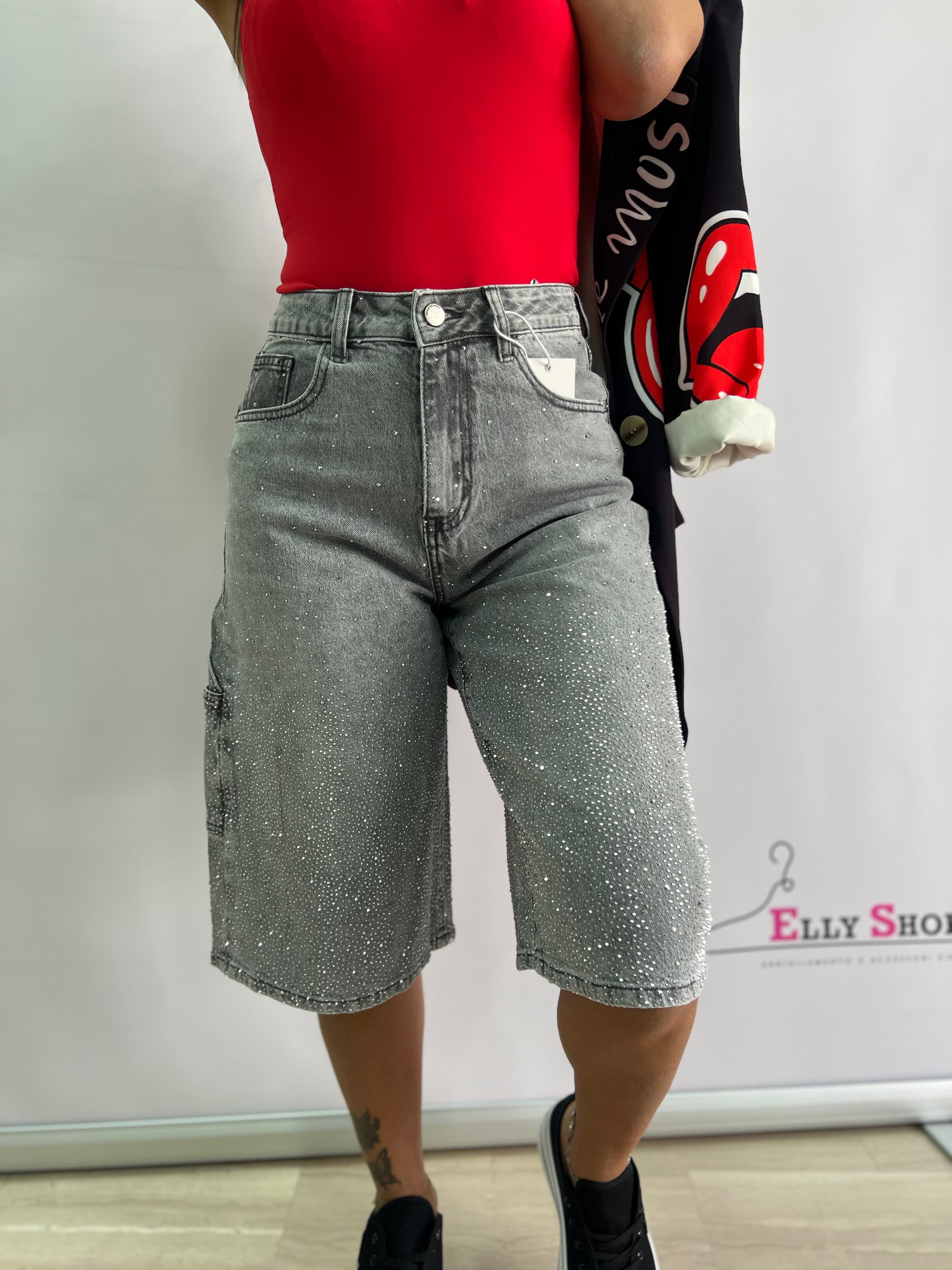Pantaloncini Bermuda In Denim Grigio Con Strass