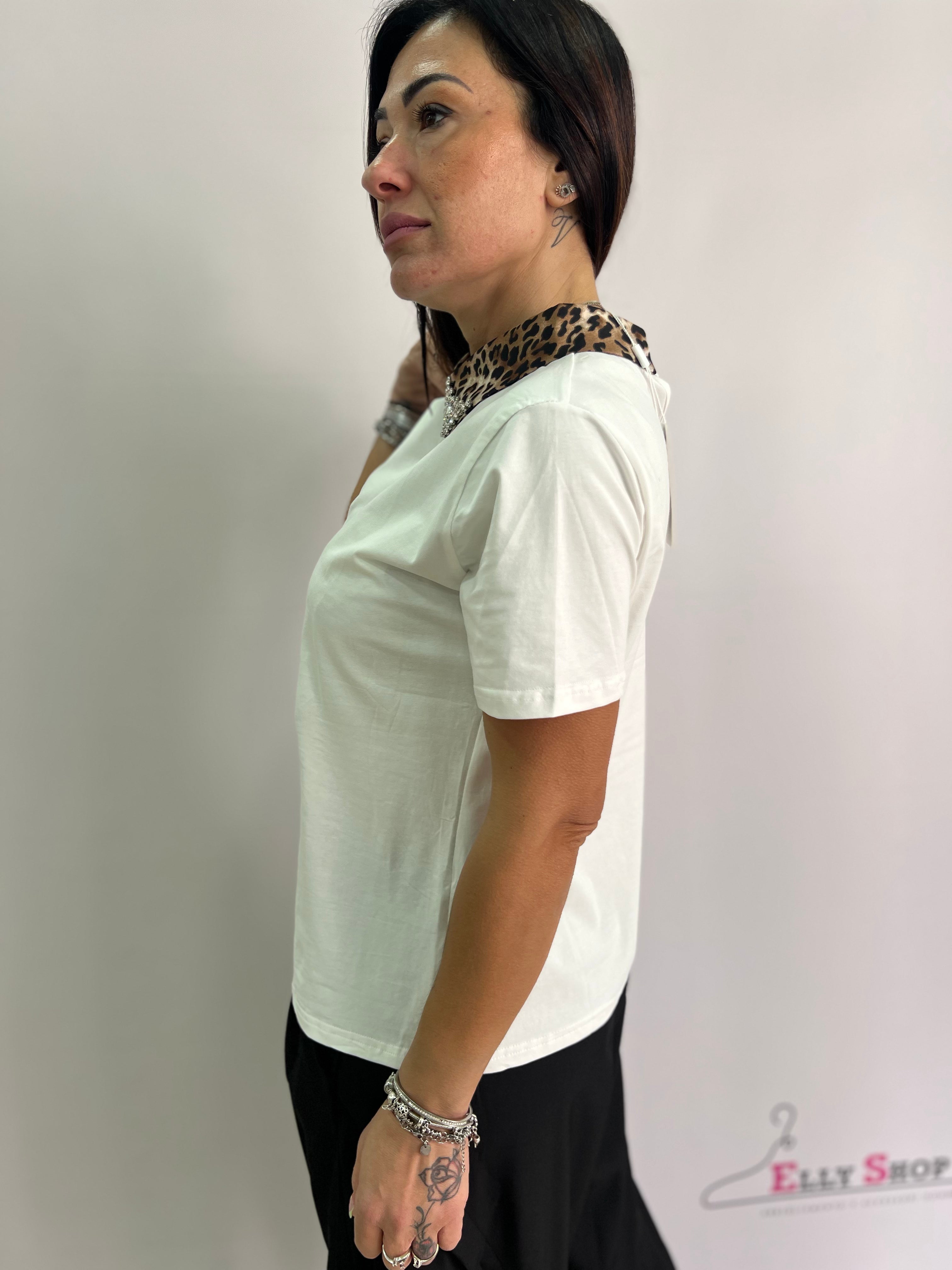 T-shirt donna con colletto leopardato e strass – elegante nera o bianca S/M/ e L/XL