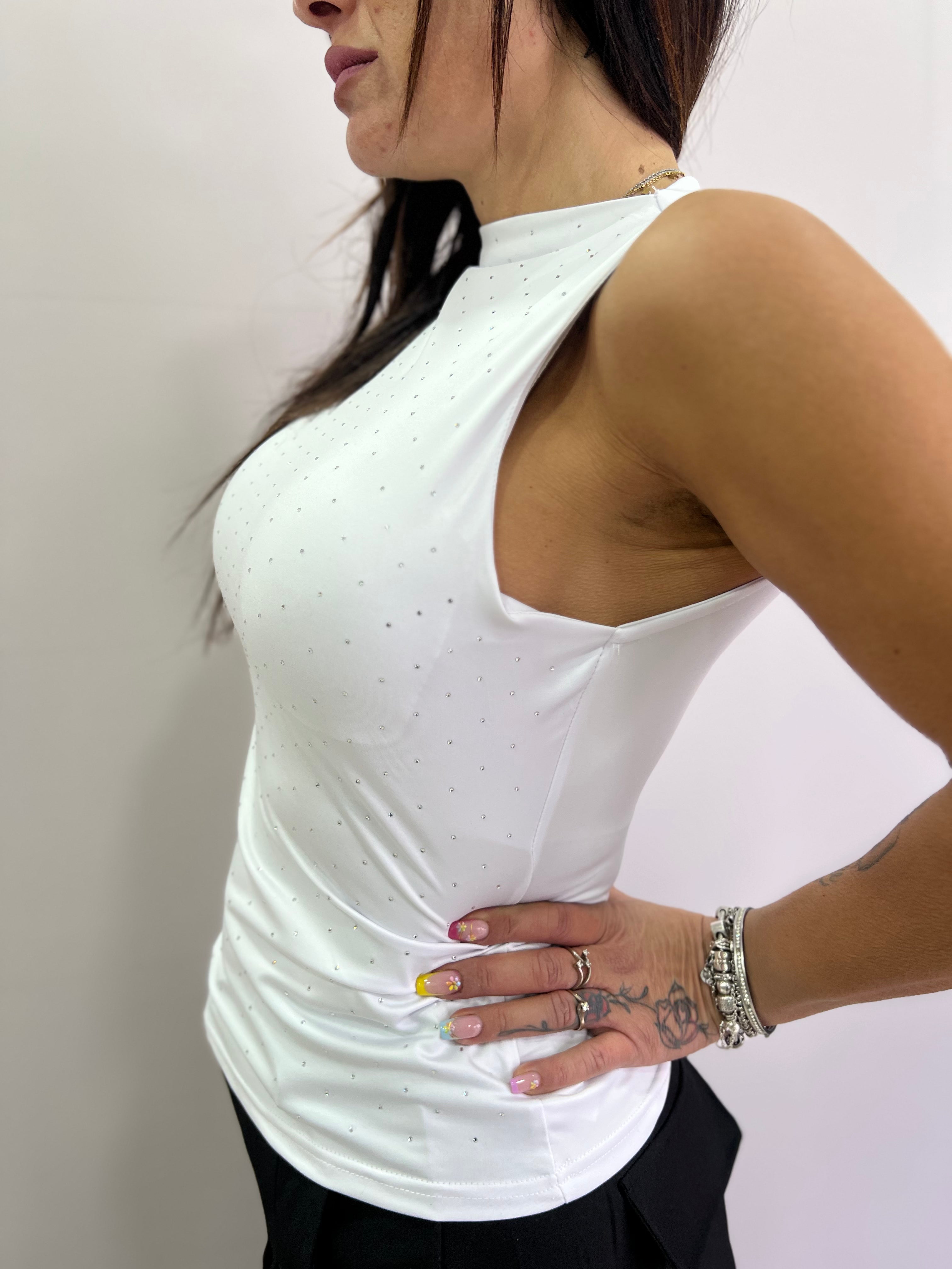 Top smanicato donna con brillantini – elegante e disponibile in bianco o nero