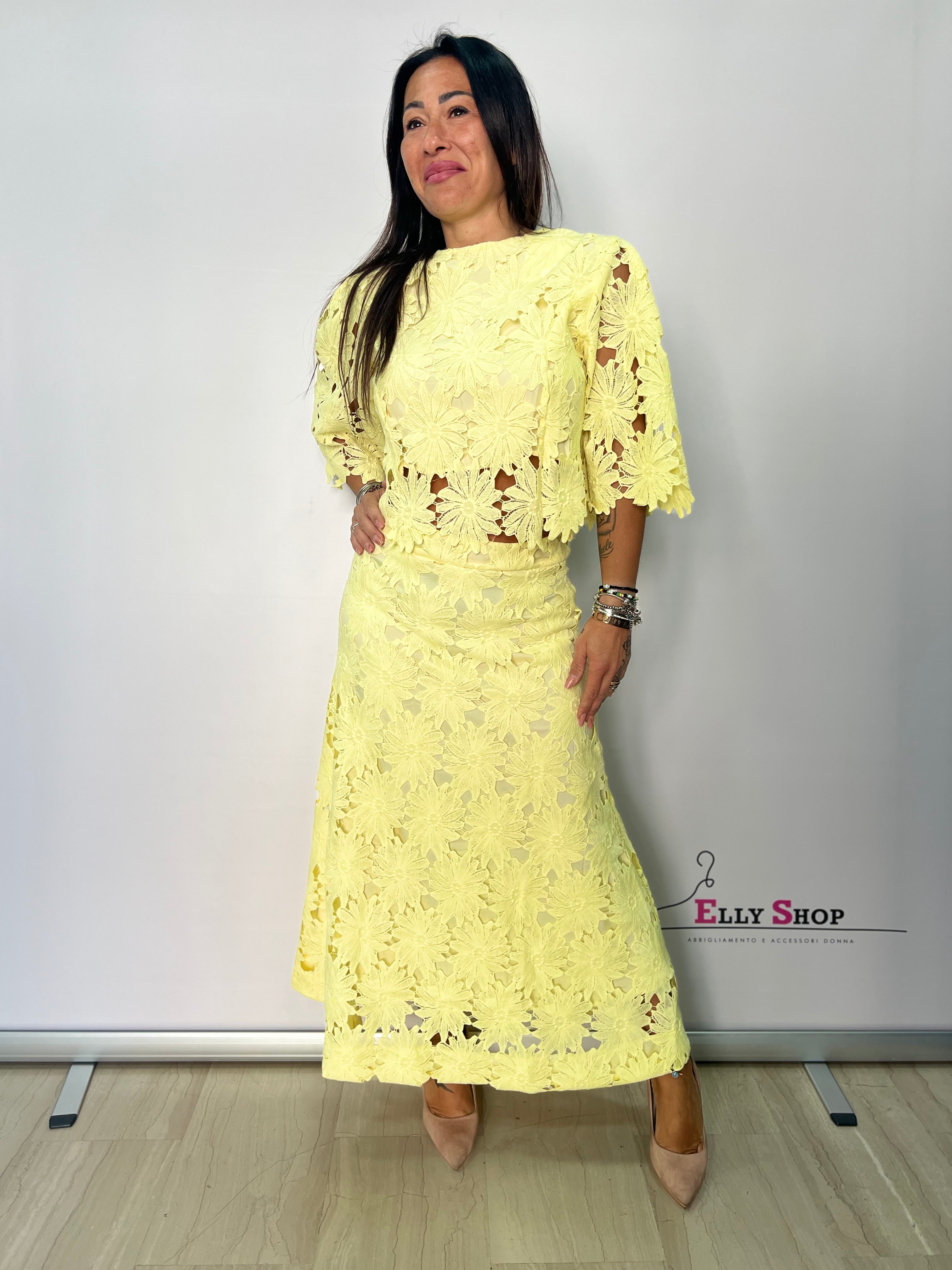 COMPLETO midi pizzo floreale elegante donna