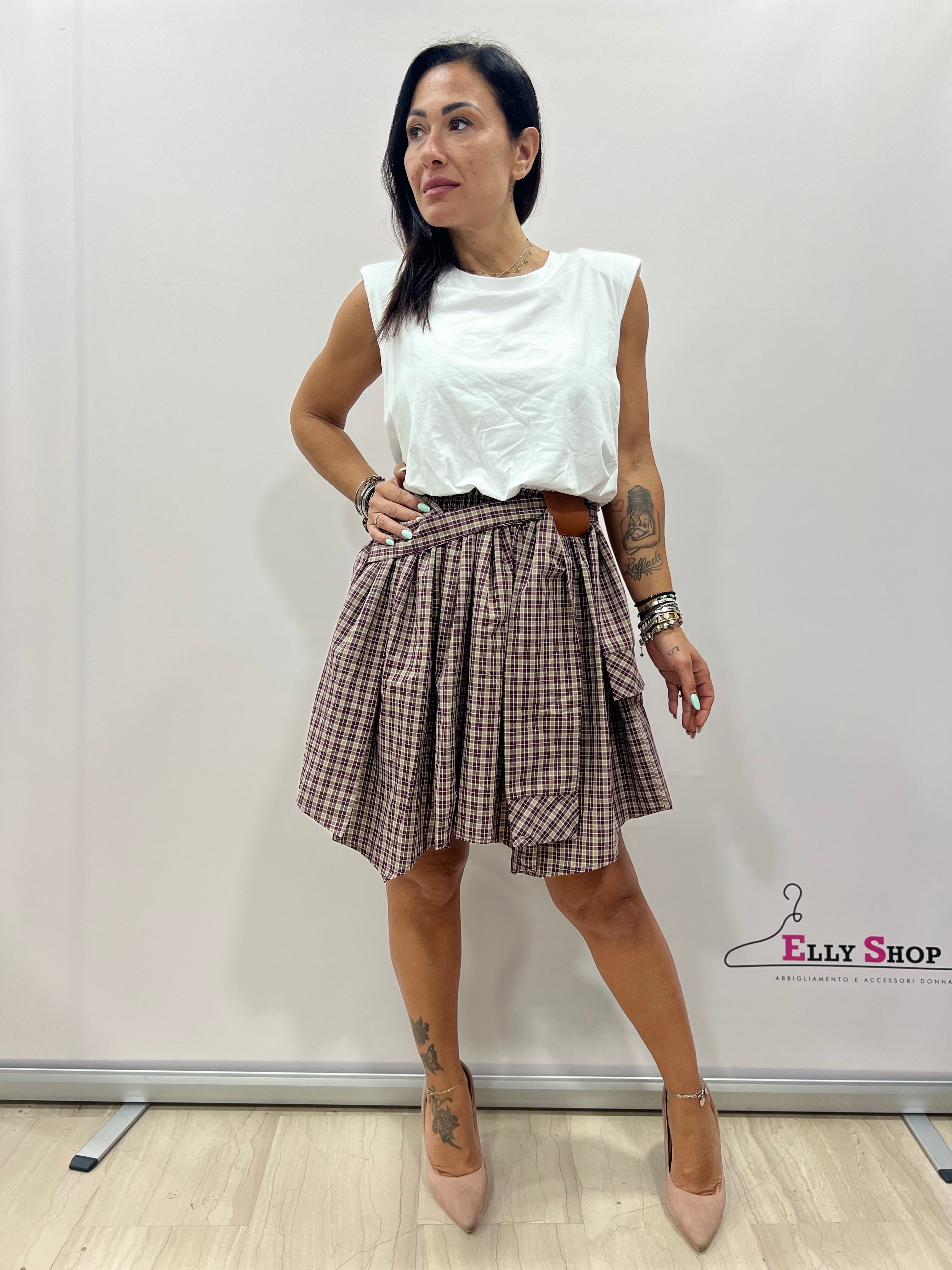 Abito corto a quadri con cintura donna