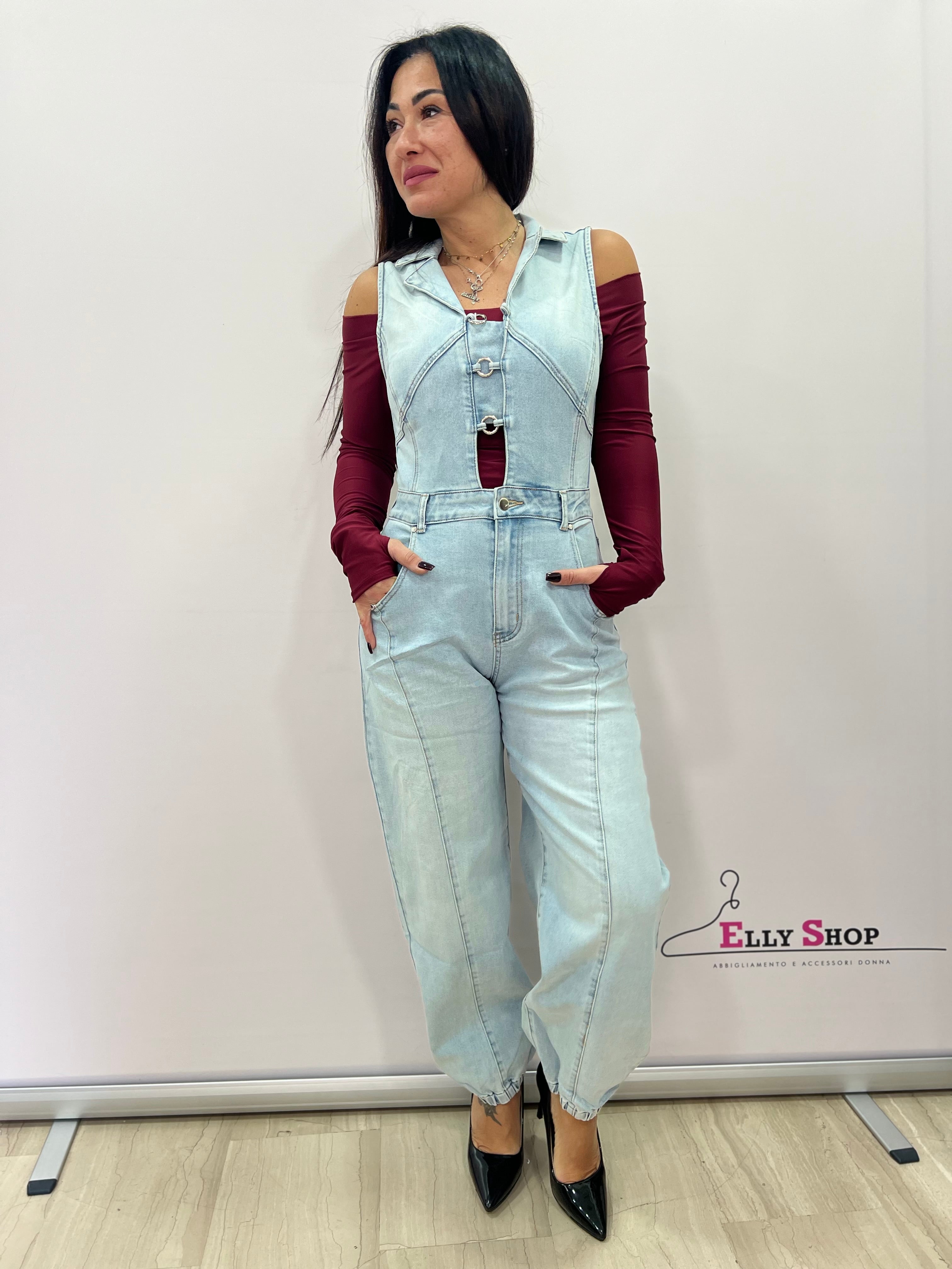 Salopette donna in denim con ganci frontali