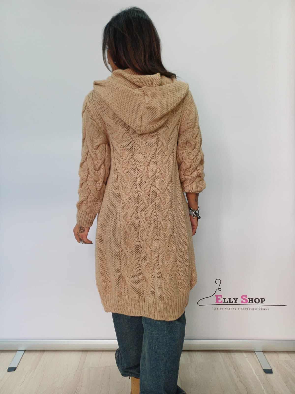 Cardigan lungo donna intrecciato con cappuccio