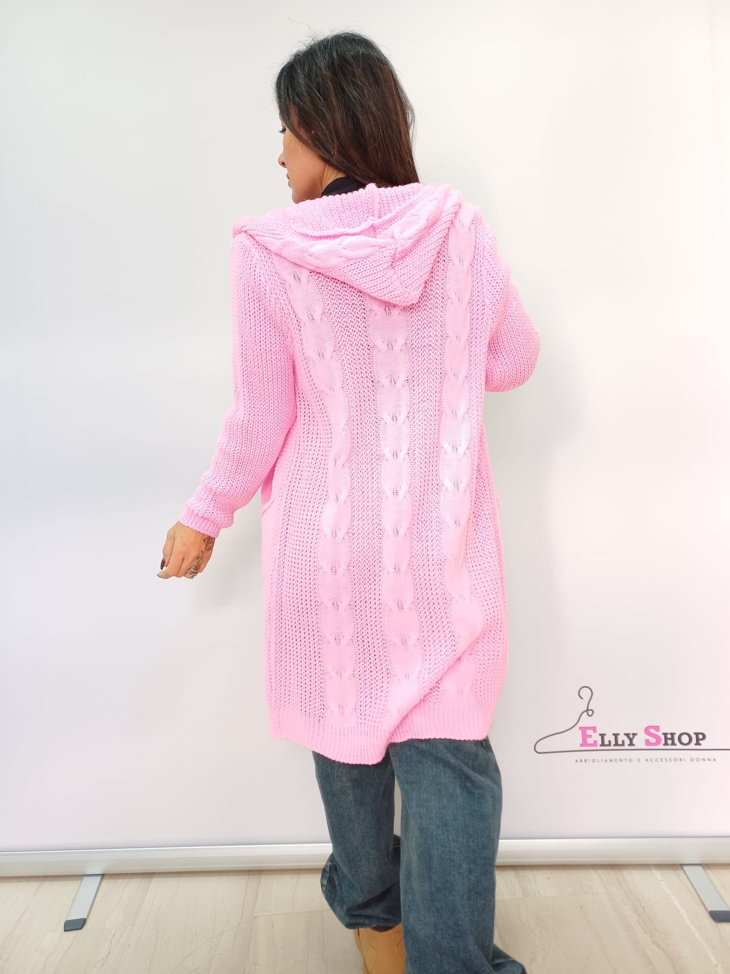 Cardigan lungo donna intrecciato con cappuccio