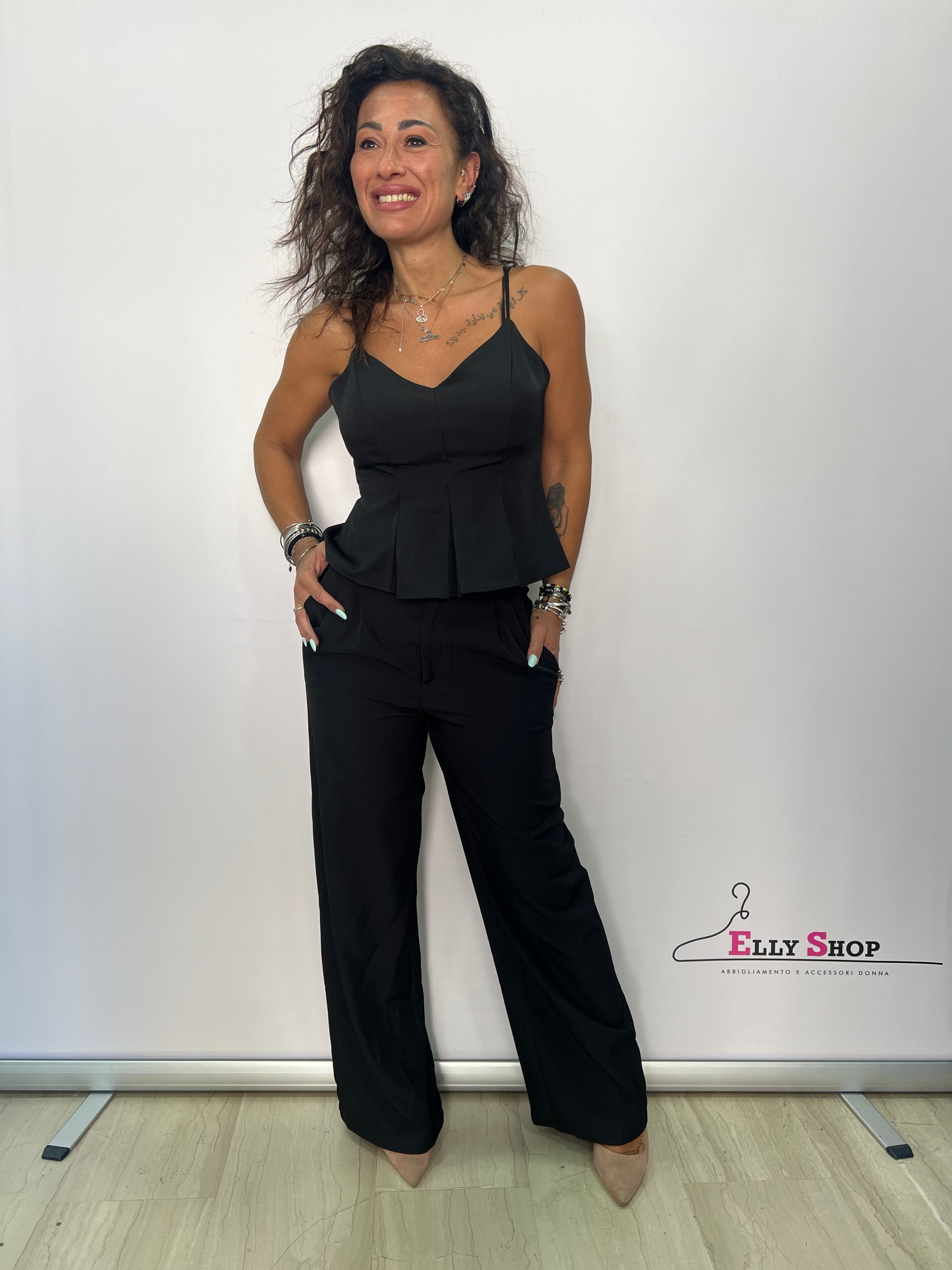 Completo elegante donna top e pantalone palazzo