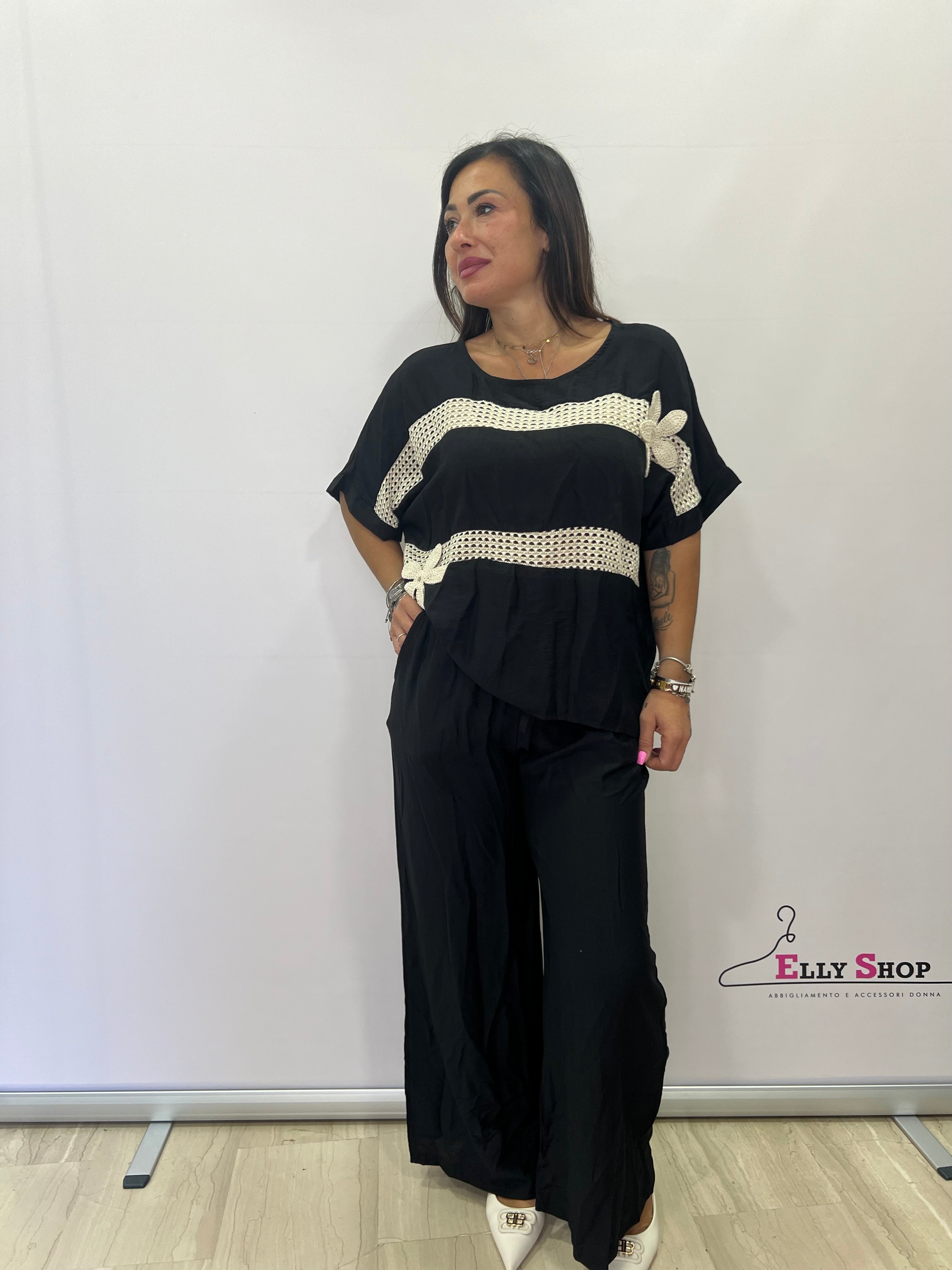 Completo estivo donna in cotone con top ricamato e pantalone ampio – disponibile in più colori
