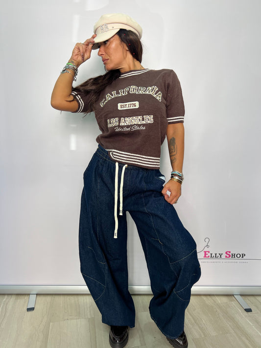 Pantalone in denim con molla in vita balloon